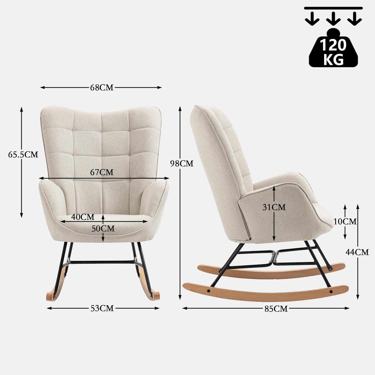 Thumbnail 2 de MEUBLE COSY rocking chair for nursery, nursing & reading – beige fabric with metal legs and wood base