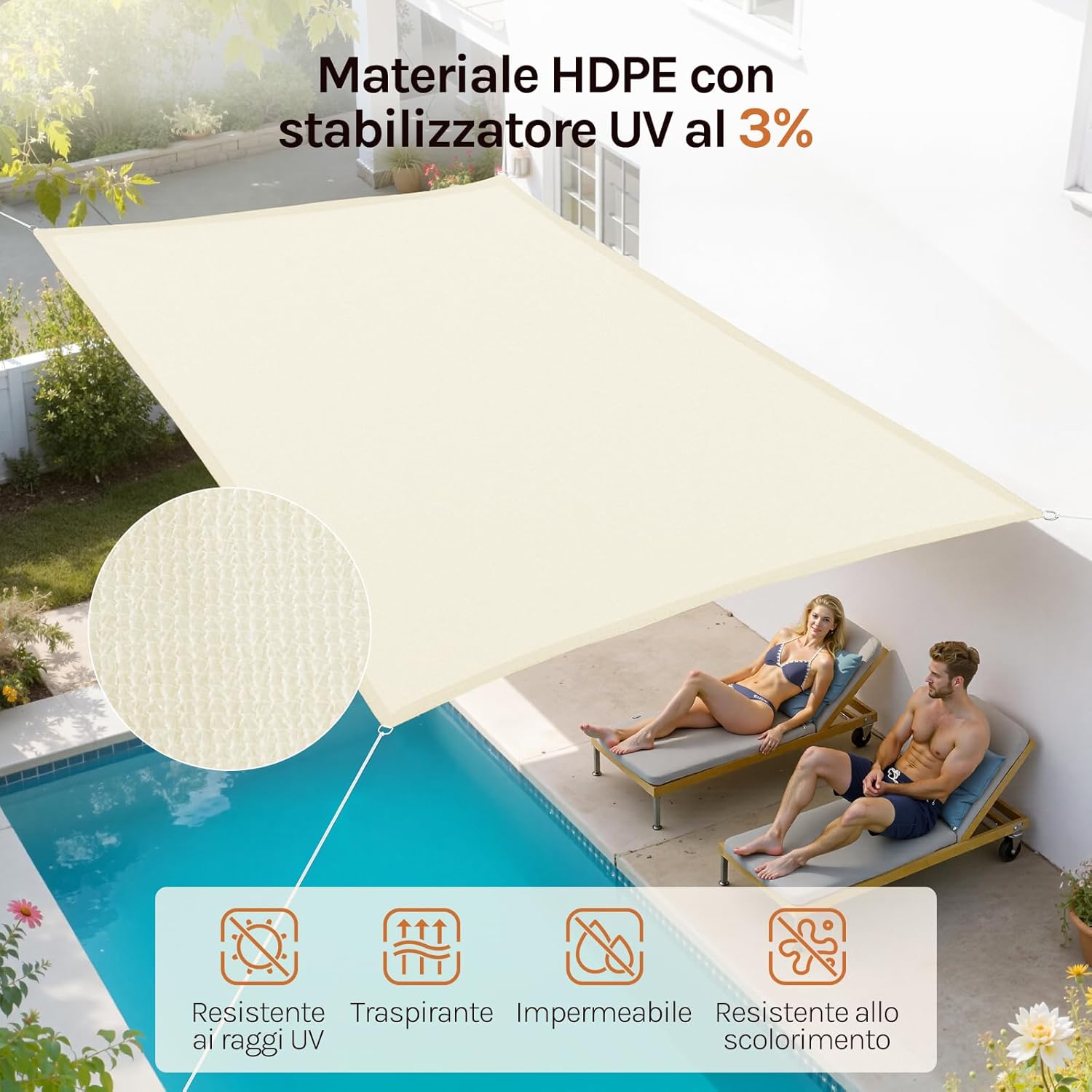 Thumbnail 4 de WOLTU Vela ombreggiante 3x3 m in HDPE 180 g/m² traspirante anti UV beige