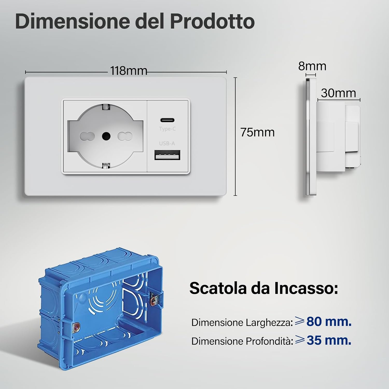 Detalle 2 de BSEED Presa Schuko e Presa Italiana con USB-A e Type-C 118 mm: potenza e compatibilità per la casa italiana