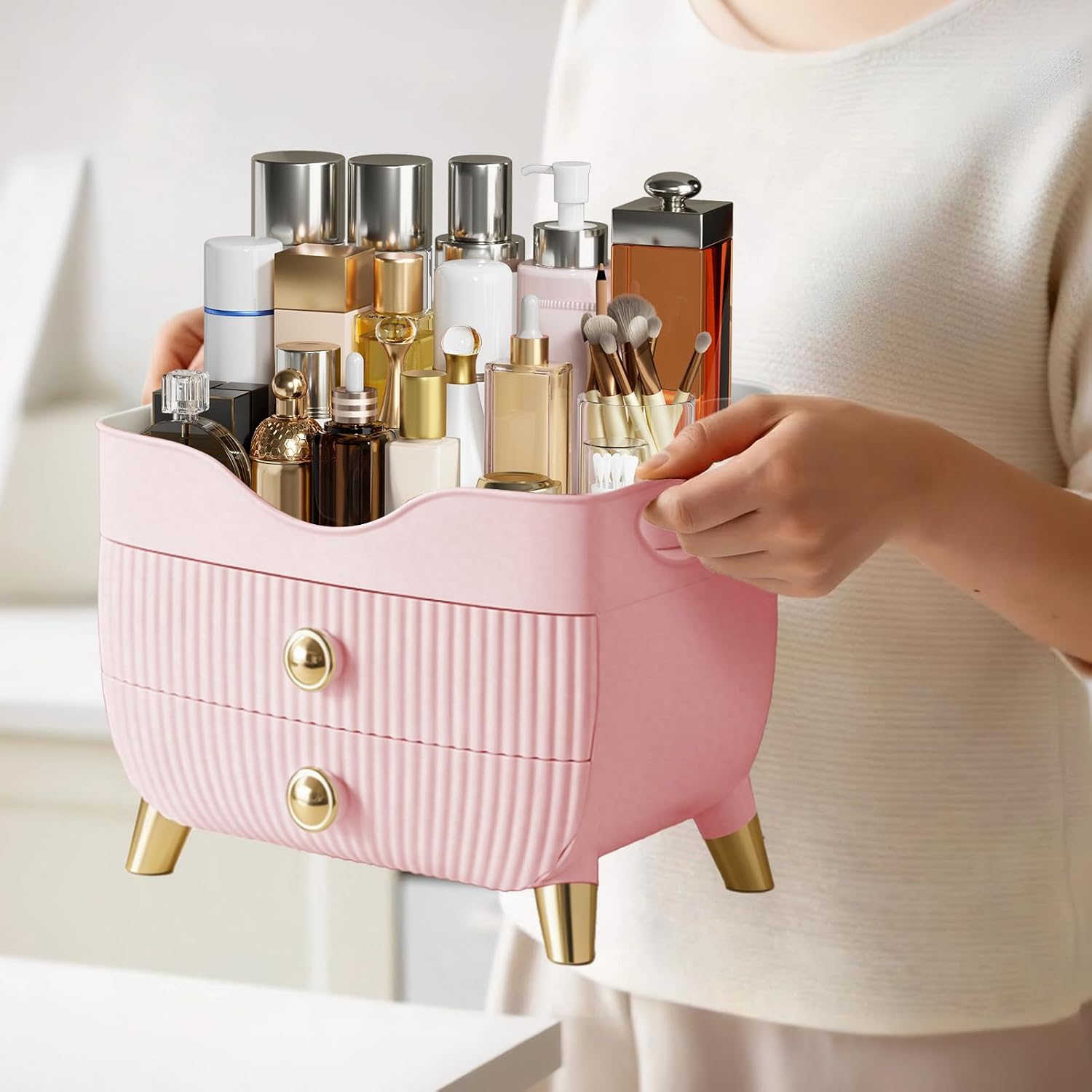 Thumbnail 6 de Makeup Organizer Countertop, Large Capacity with 2 Drawers in Pink