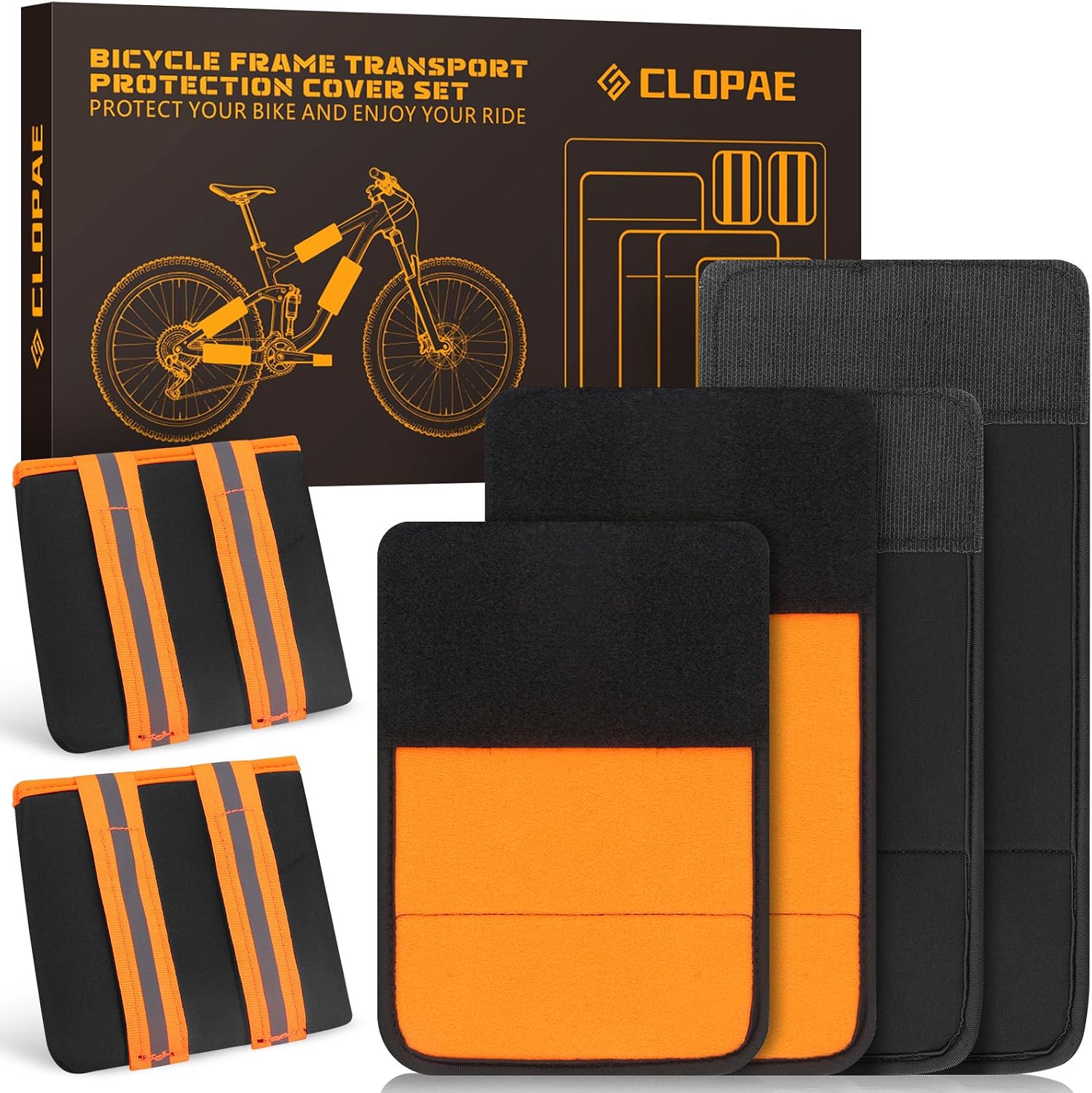 Detalle de CLOPAE Rahmenschutz Fahrrad Set – 4 Rahmenschützer (S/M/L) + 2 Pedalschützer, für 5–28 cm Rahmenumfänge, inkl. Reflektoren