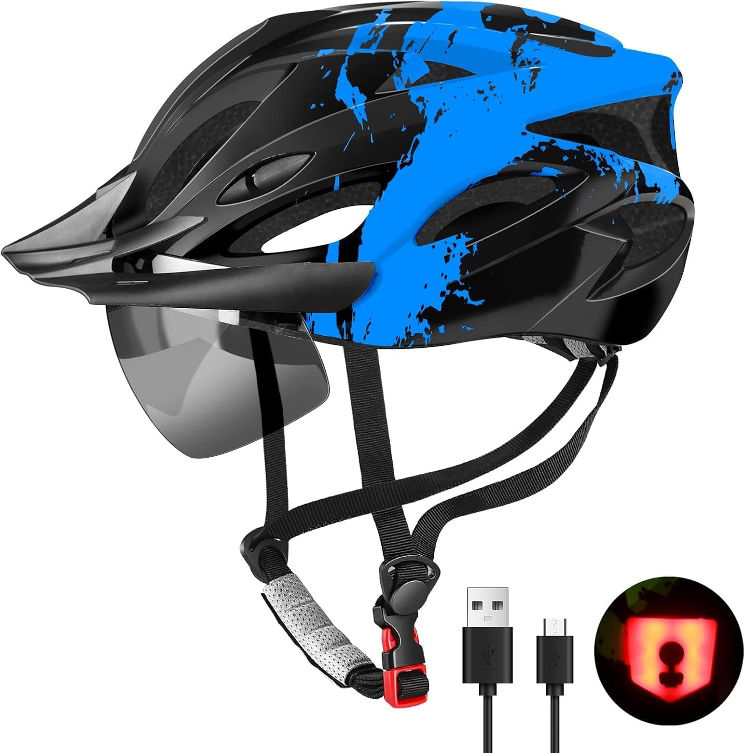 RaMokey Bike Helmet for Men and Women with LED Light, Magnetic Goggles and Sun Visor