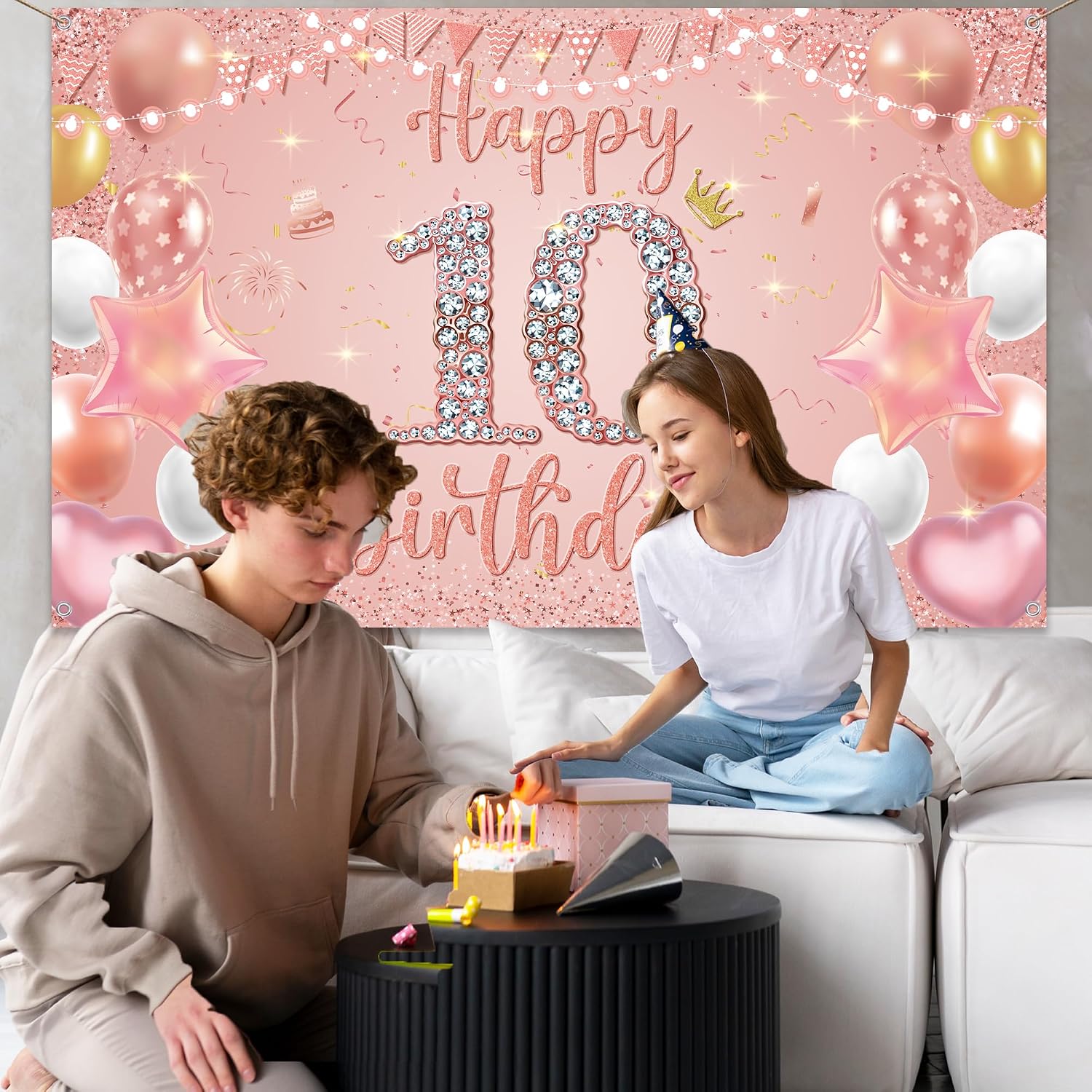 Detalle 2 de Happy 10th Birthday Decorations Banner – Pink Rose Gold Fabric Backdrop for 10th Birthday Party