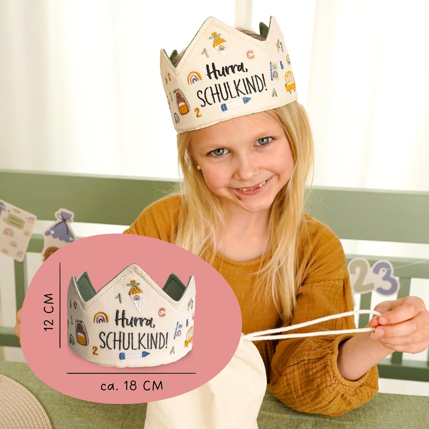 Detalle de Papierdrachen Schulkind Krone – hochwertige, bestickte Krone für den Schulanfang