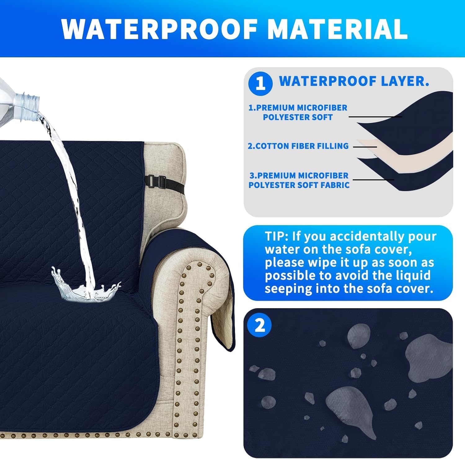 Thumbnail 3 de CYCMACO Couvre canapé imperméable 4 places universel antidérapant avec accoudoirs (bleu foncé)