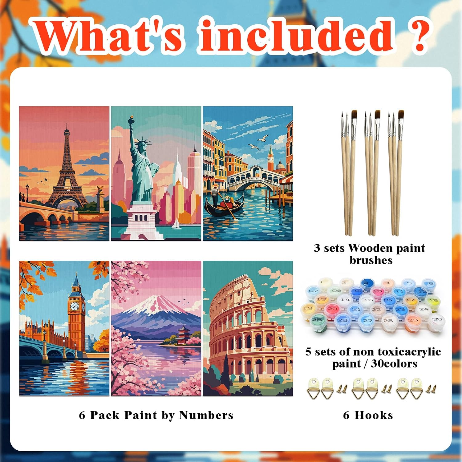 Thumbnail 2 de Kaieteur 6 Pack Painting by Number Kits for Adults – 20x30cm Canvas, 6 Pack with 9 Brushes and 30 Acrylic Paints