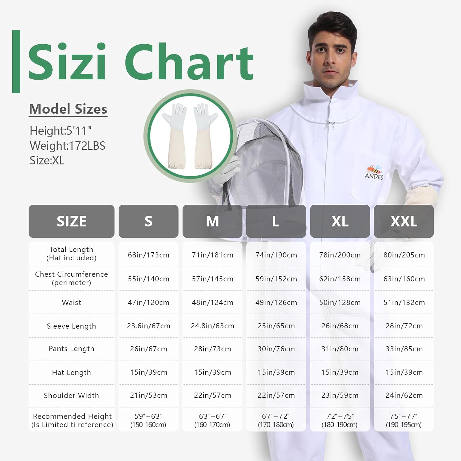 Detalle de ANDES Beekeeping Suit, XX-Large for 6'3"–6'5", Gloves and Fencing Veil