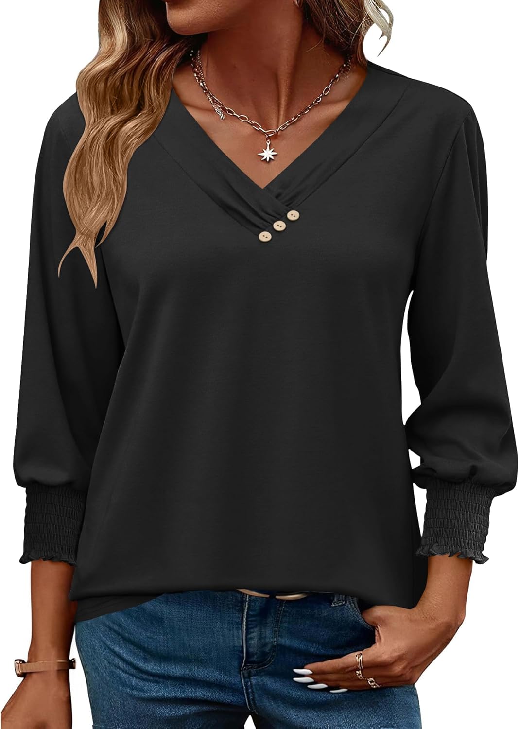 Thumbnail 1 de Rapbin Damen-Bluse mit 3/4-Arm, V-Ausschnitt und Knopfleiste – leichte Tunika für Sommer & Alltag