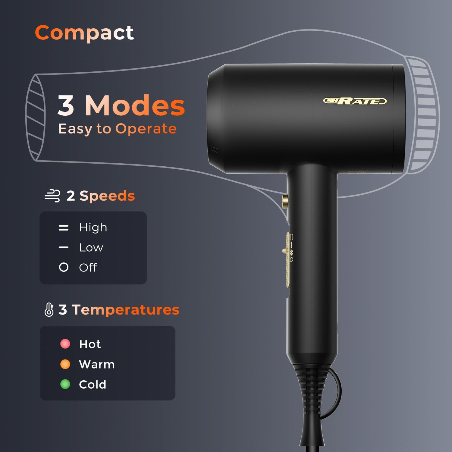 Thumbnail 6 de SHRATE Ionic Hair Dryer with Diffuser: Travel-Friendly 1800W Professional Blow Dryer