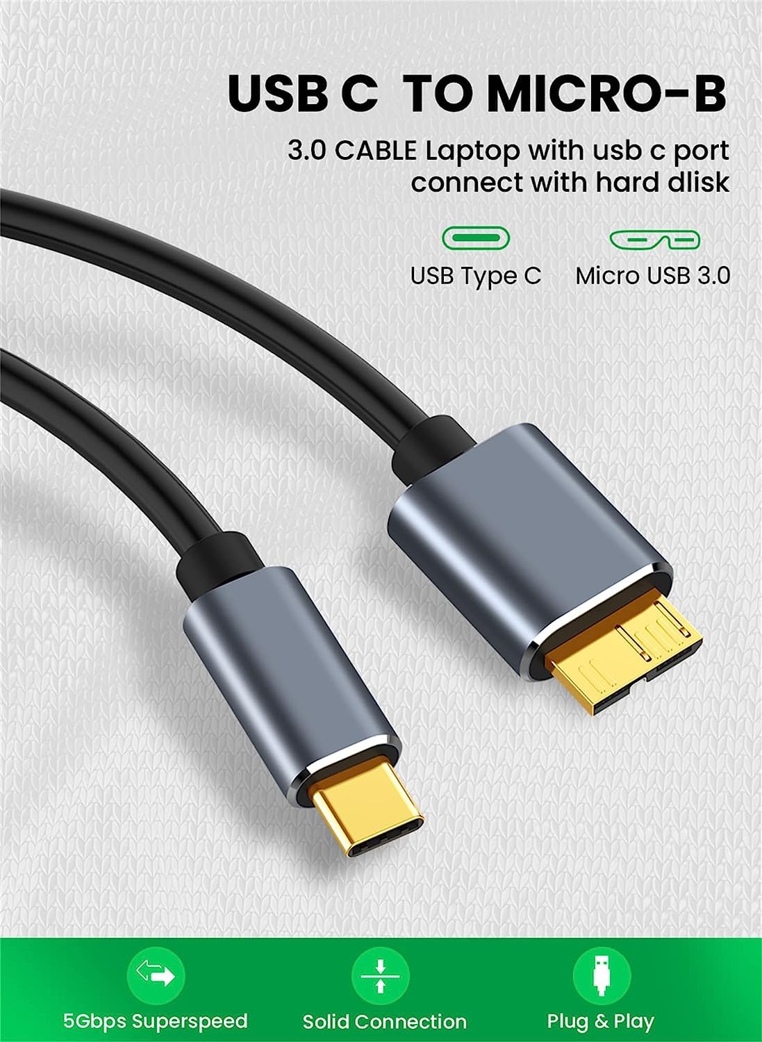 Thumbnail 4 de NAERSI USB-C to Micro B USB 3.0 cable (Hard drive/phone linking) – up to 5Gbps