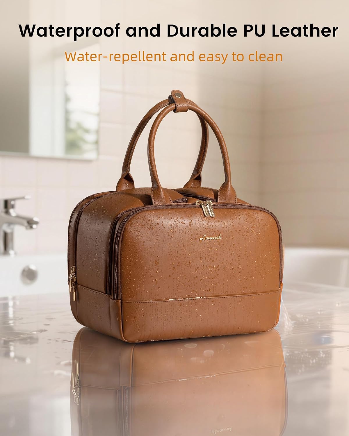 Detalle de LOVEVOOK Travel Toiletry Bag for Women — Leather Large, Wide-Open Makeup Bag and Waterproof Organizer