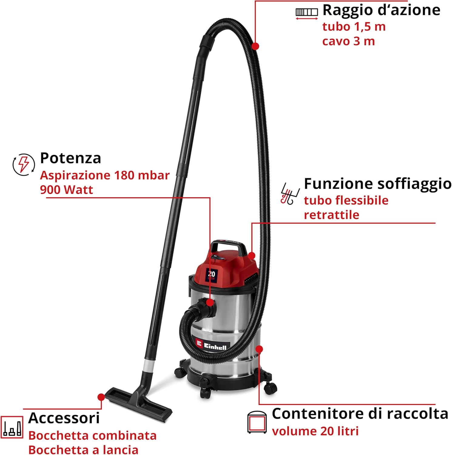 Detalle 2 de Einhell Aspiratore a secco e umido TC-VC 2045 S da 900 W con serbatoio inox da 20 l