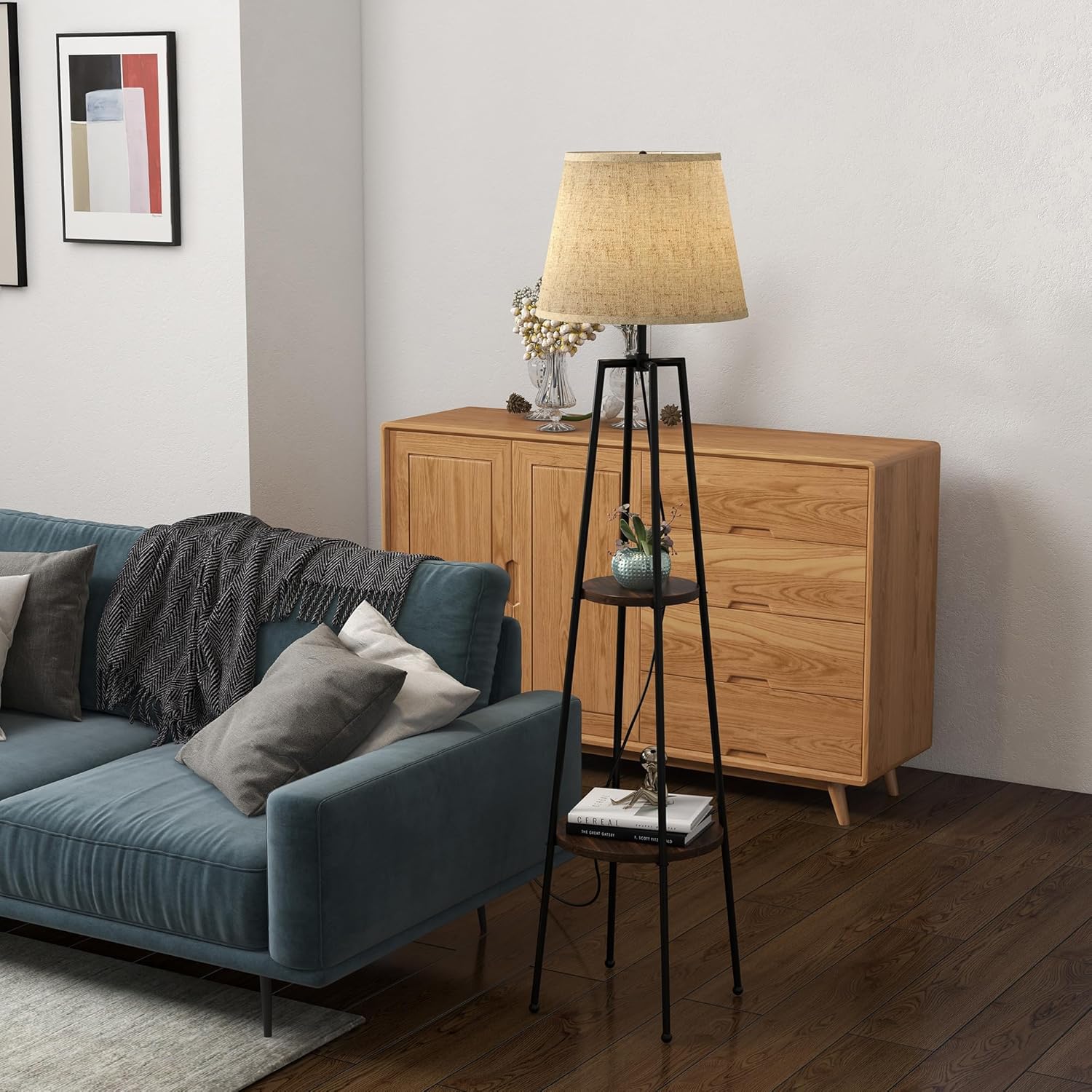 Thumbnail 1 de HOMCOM Lampadaire sur pied avec 2 étagères – design moderne, abat-jour tissu, noir marron