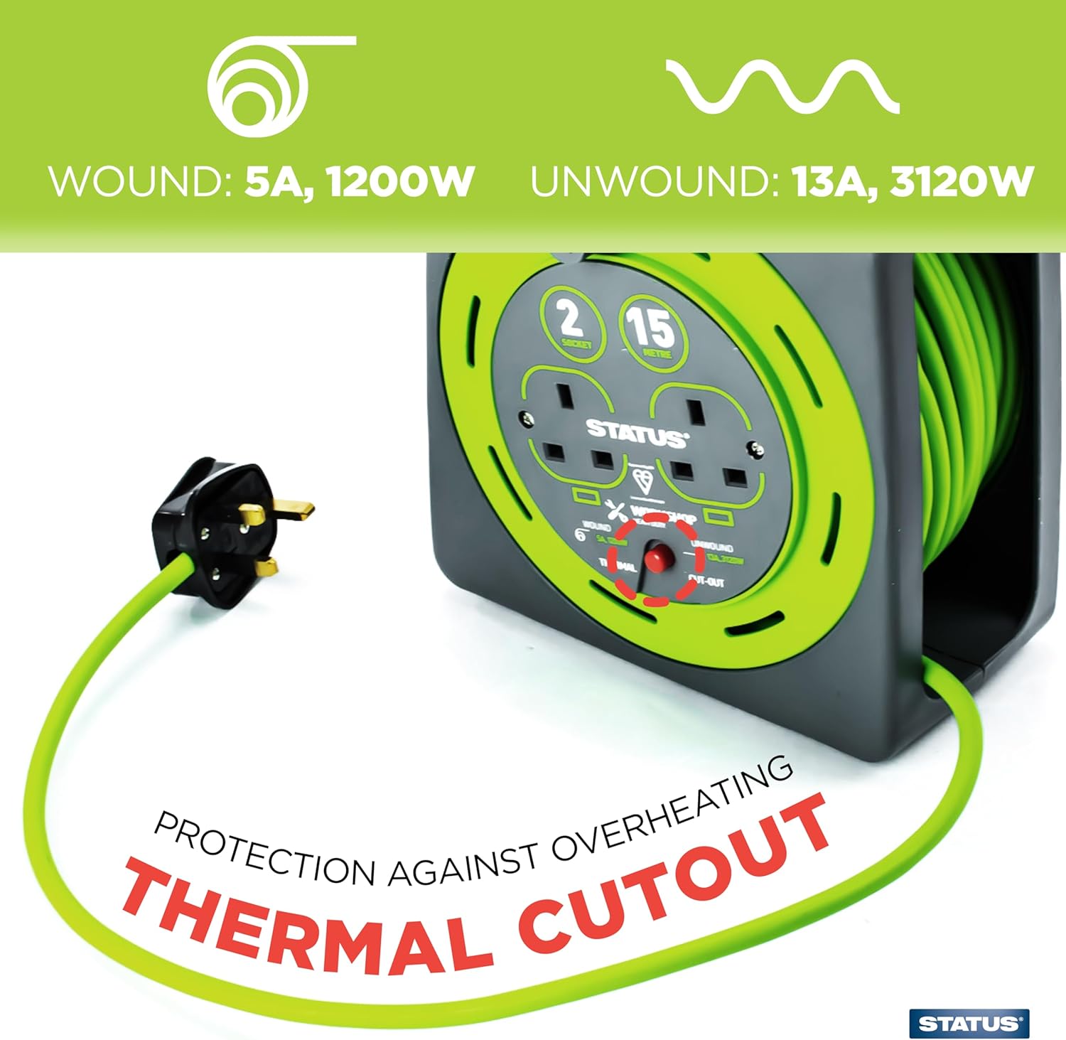 Thumbnail 4 de STATUS 2 Socket Cable Reel 15m Green Extension Lead