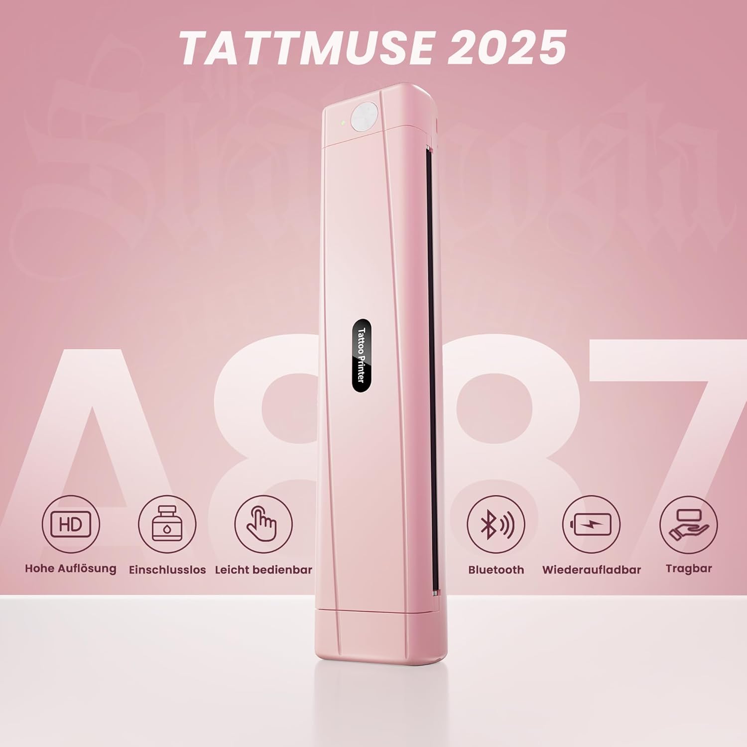 Detalle de TATTMUSE Tattoo Drucker Bluetooth A887 – Schablone für Tattoo Transfer, inkl. 10 Papier (rosa)