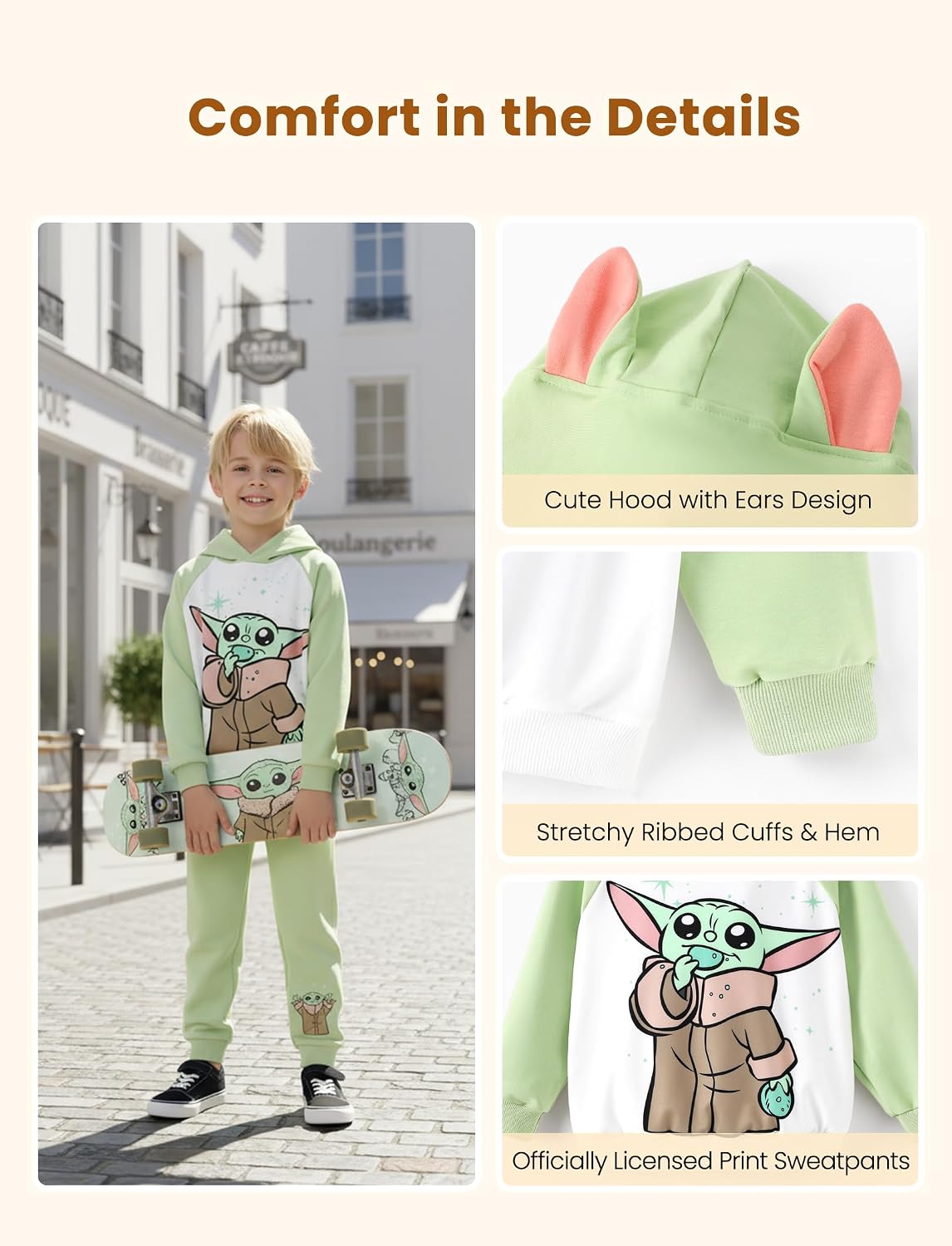 Detalle de Disney The Mandalorian Grogu Boys’ Hoodie and Jogger Set, Cotton Blend