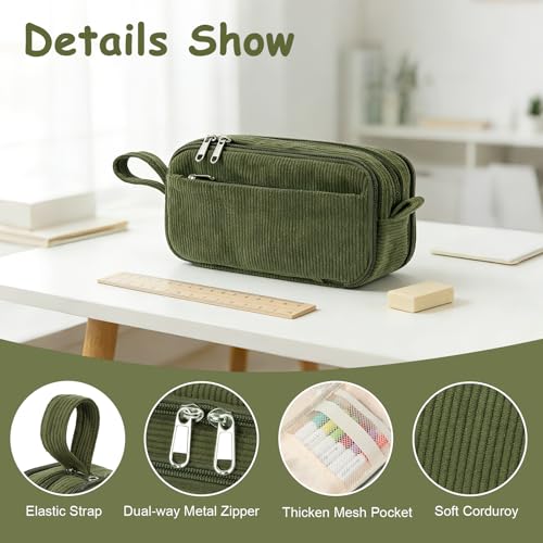 Detalle de BuyCard Large Corduroy Pencil Case, Solid Colour Pen Pouch Organizer