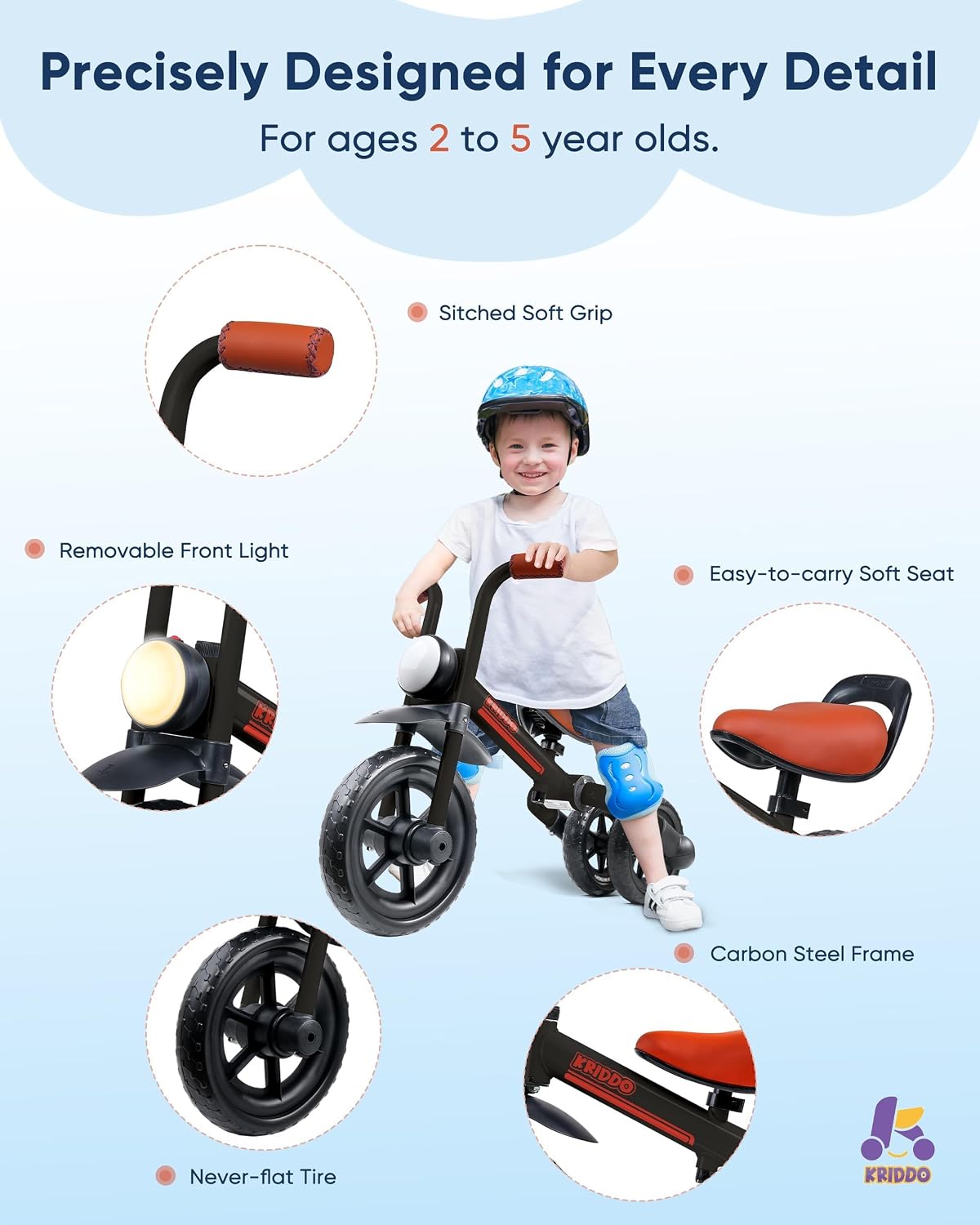 Detalle de KRIDDO 2-in-1 Kids Balance Bike and Tricycle (Detachable Pedals) for Ages 2–5, Black