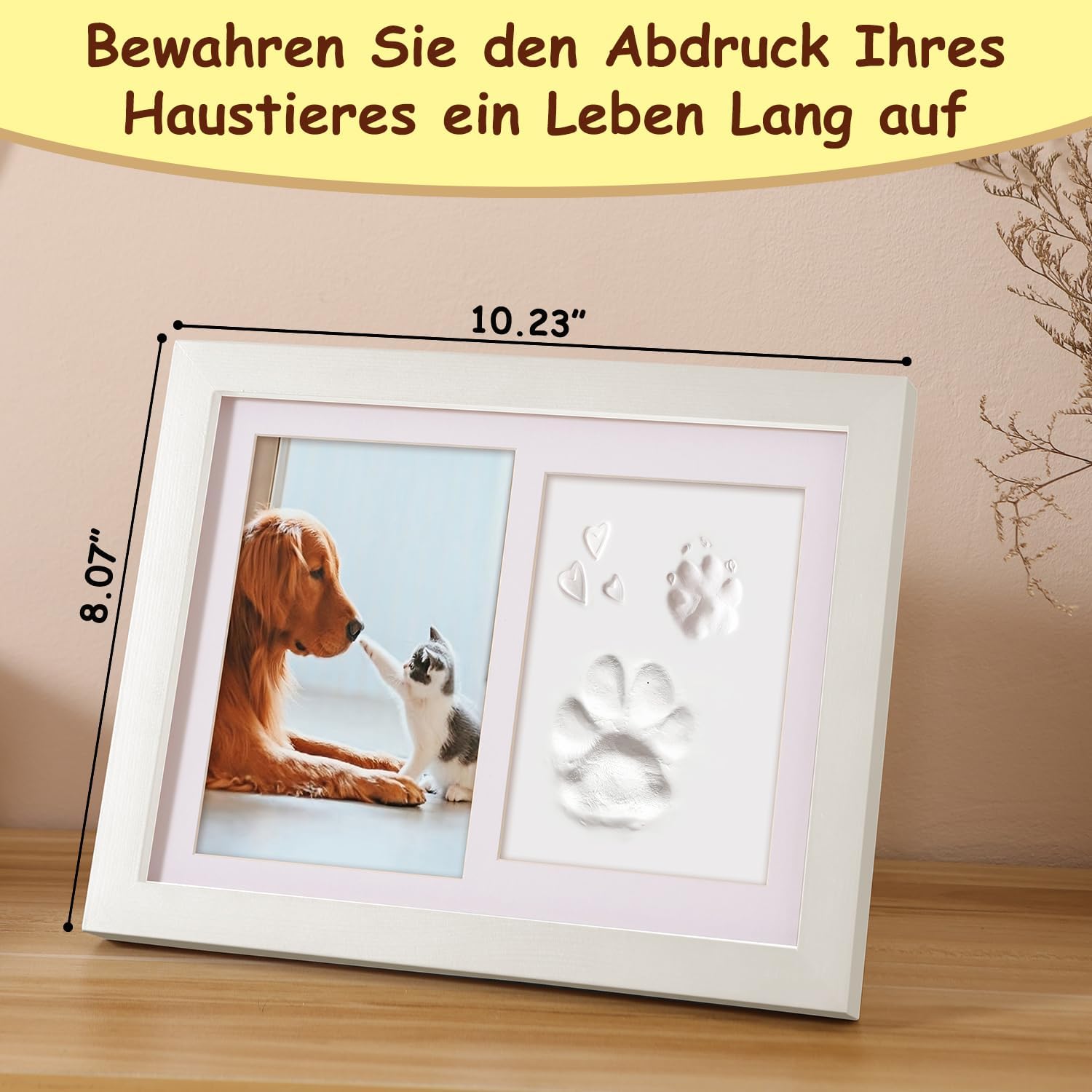 Thumbnail 5 de PewinGo Gedenkrahmen Hund und Katze – Pfotenabdruck-Set mit 4x6 Fotorahmen, Ton-Impressum, Display für 6x4 Zoll Fotos (Weiß)