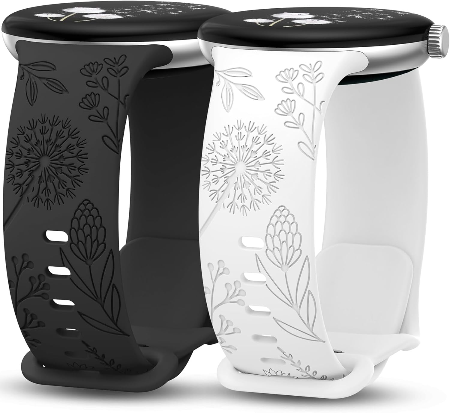 Detalle de TOYOUTHS 2-Pack Floral Engraved Silicone Strap for Google Pixel Watch 4/3 (41mm) & Pixel Watch 2/1 — Black/White