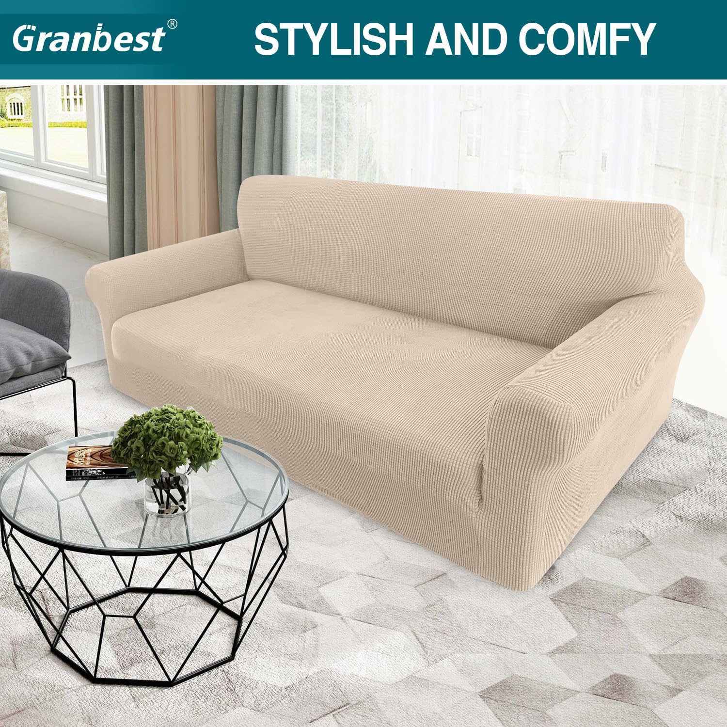Thumbnail 1 de Granbest High Stretch 3 Seater Sofa Cover (Beige) – non-slip, pet-friendly jacquard spandex slipcover