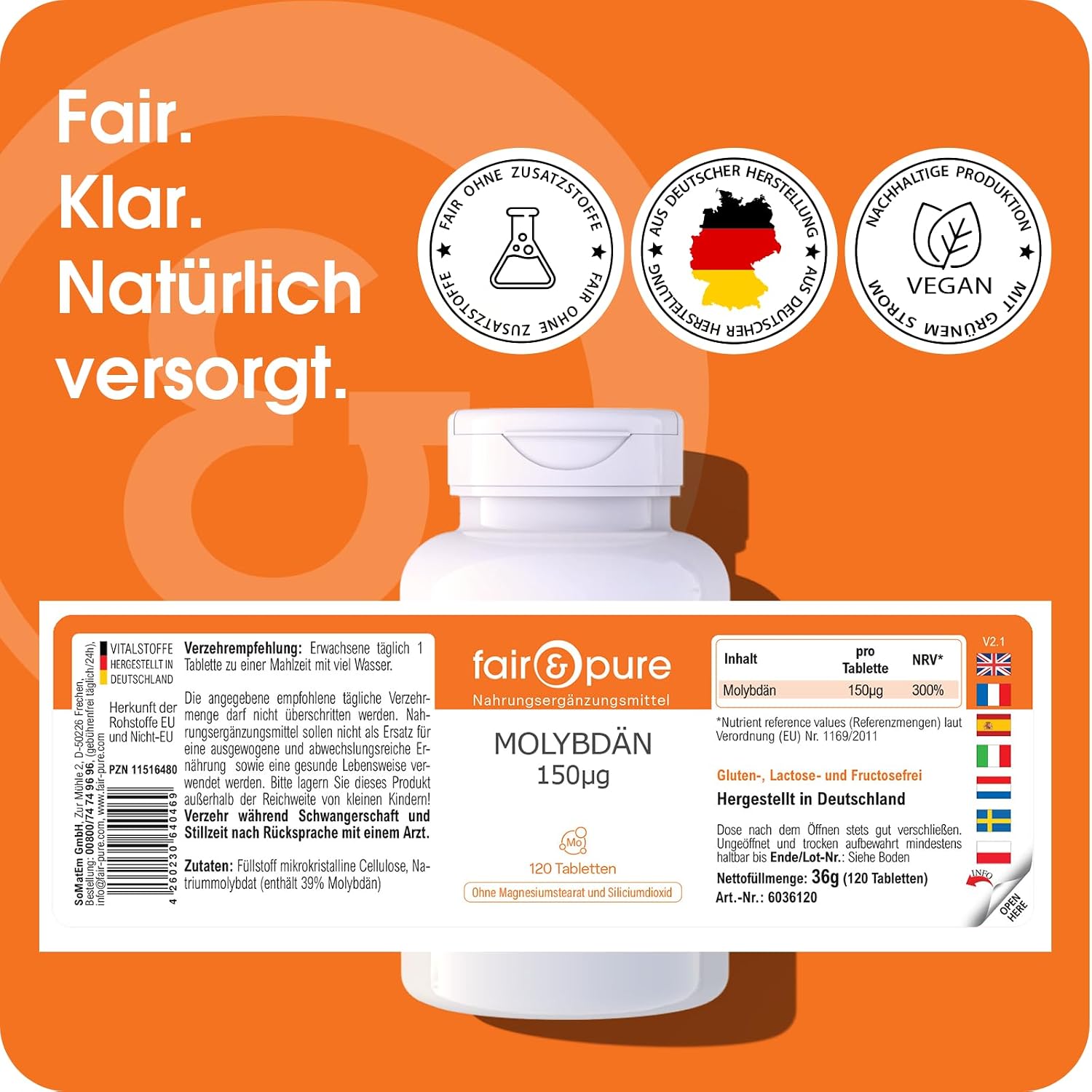 Detalle de Fair & Pure Molybdän 150µg – 120 Tabletten, schluckfreundlich, vegan, hergestellt in Deutschland