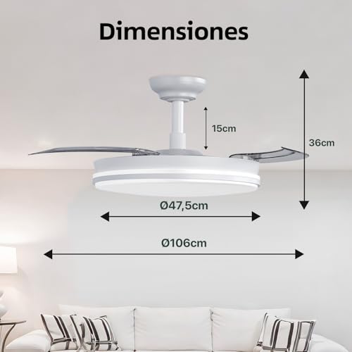 Detalle de LEDUNI ventilador con luz LED 72W, 7590 lm y mando a distancia (motor DC, 6 velocidades, aspas retráctiles)