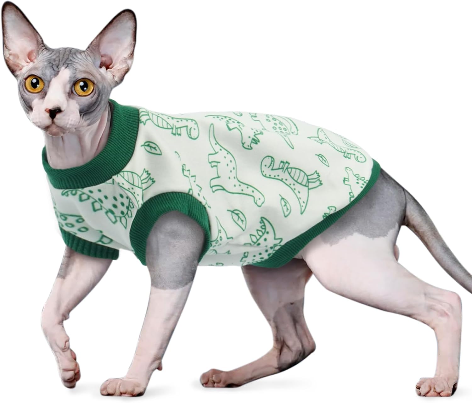 Detalle de OUOBOB Sleeveless Cat Vest in Dralon Fleece – Dino Print, Sphynx & All Breeds (Green M)