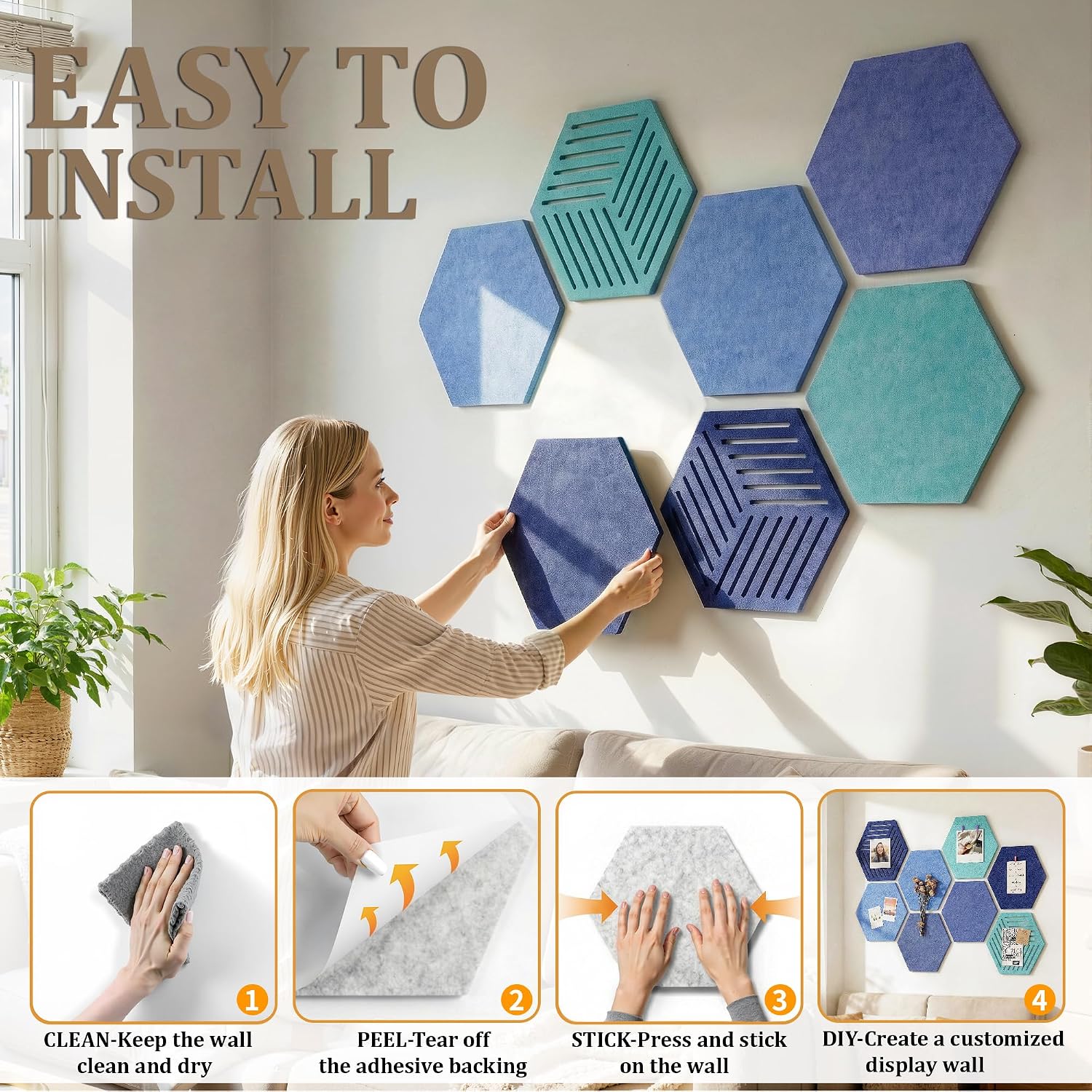 Thumbnail 6 de Uoisaiko UY-US-10059-Q8 Hexagonal Felt Bulletin Board Tiles, 8-Pack