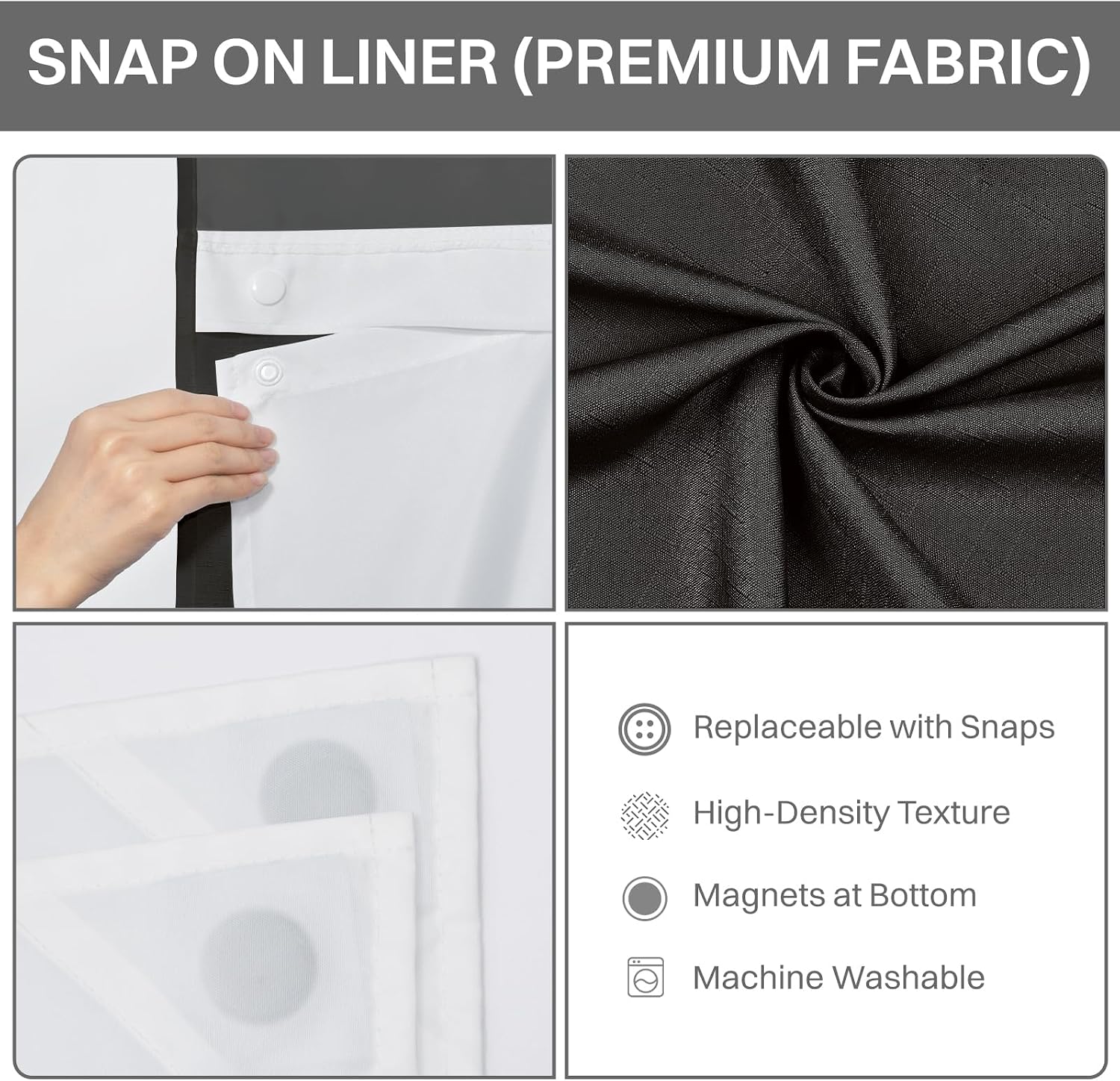 Thumbnail 6 de Aovfy No Hook Slub Shower Curtain, Black, 71 x 74, with Removable Liner