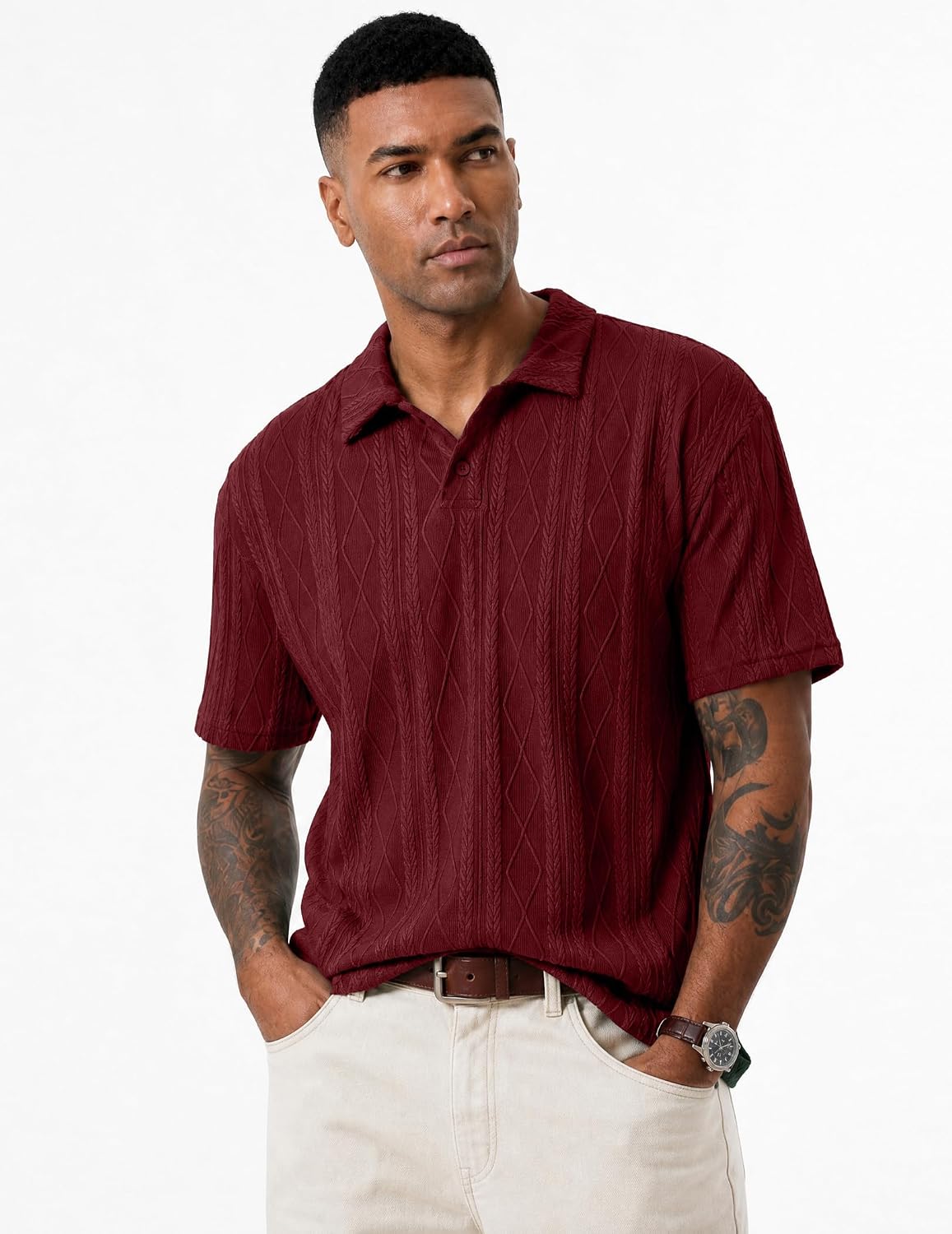 Detalle de JMIERR Men’s Textured Knit Button Polo Shirt (Short Sleeve) for Summer & Golf