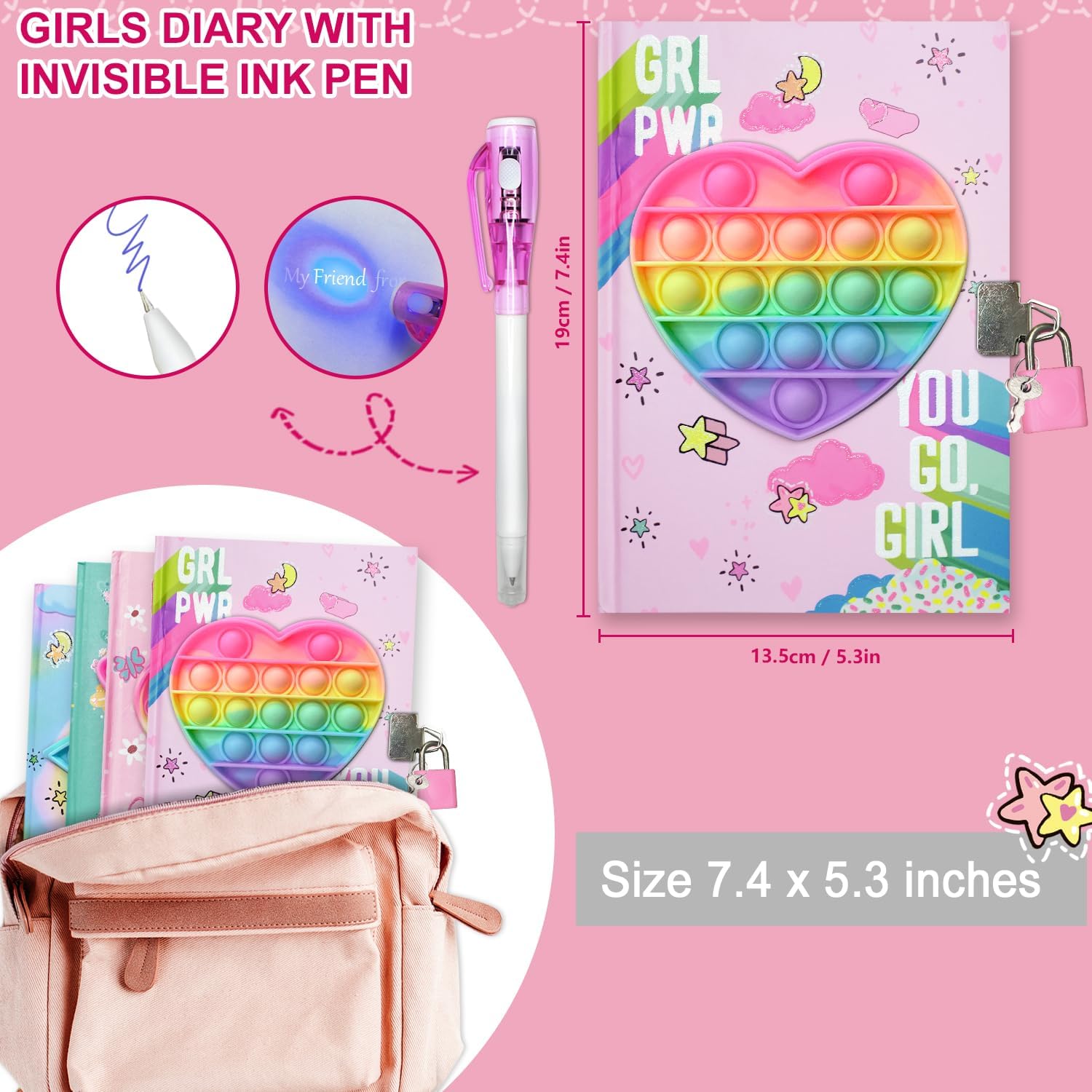 Thumbnail 1 de Pop Secret Diary for Girls with Invisible Pen (7.5x5.4 inch, 160 pages) — Lock & invisible ink notebook for ages 5–12