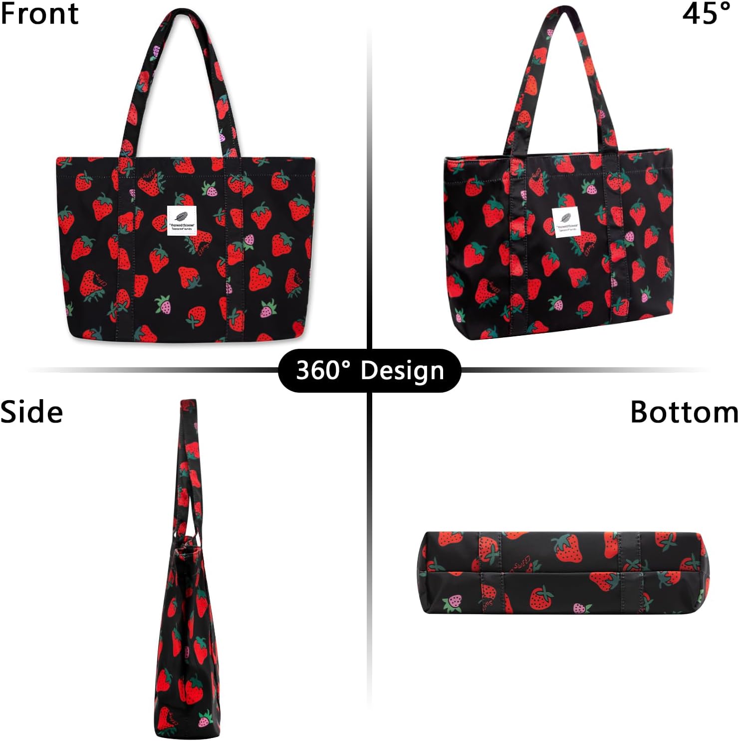 Detalle de YAMEIZE Strawberry Tote Bag for Women & Girls – Large Nylon Cherry & Strawberry Shoulder Tote with Inner Pocket