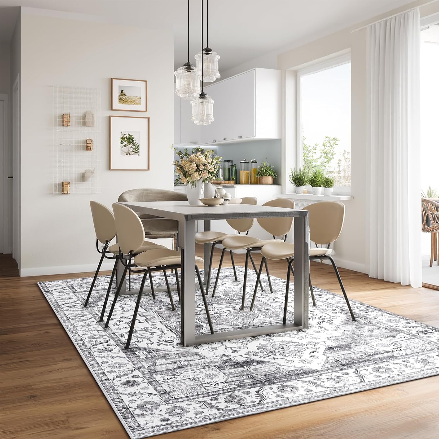 Thumbnail 3 de XSIVOD Grey Area Rug 240 x 300 cm – Washable, Non-Slip Vintage Floral Rug for Living Room