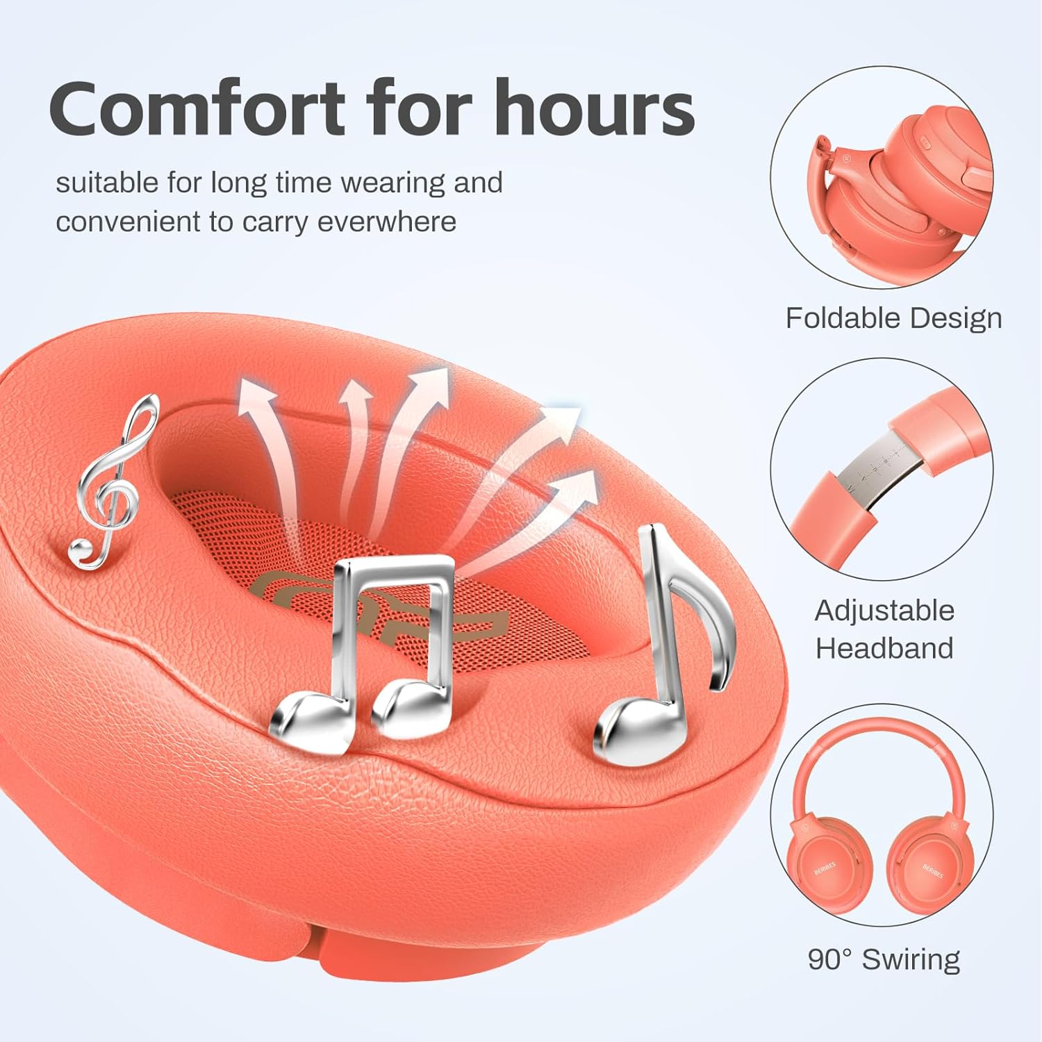 Thumbnail 1 de BERIBES Bluetooth Over-Ear Kopfhörer – 65 Stunden Laufzeit, 6 EQ-Modi, BT 5.3, Mikrofon, Kabellos, Orange-Rot