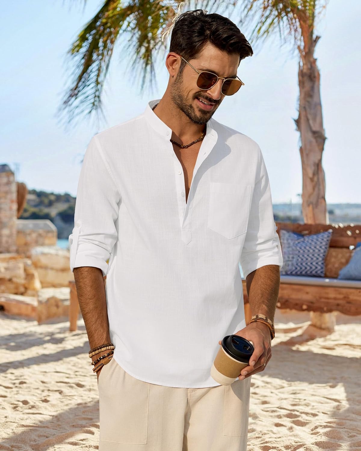 Detalle de J.VER Hemd Herren – Baumwolle-Leinen-Henley Langarm im Regular Fit