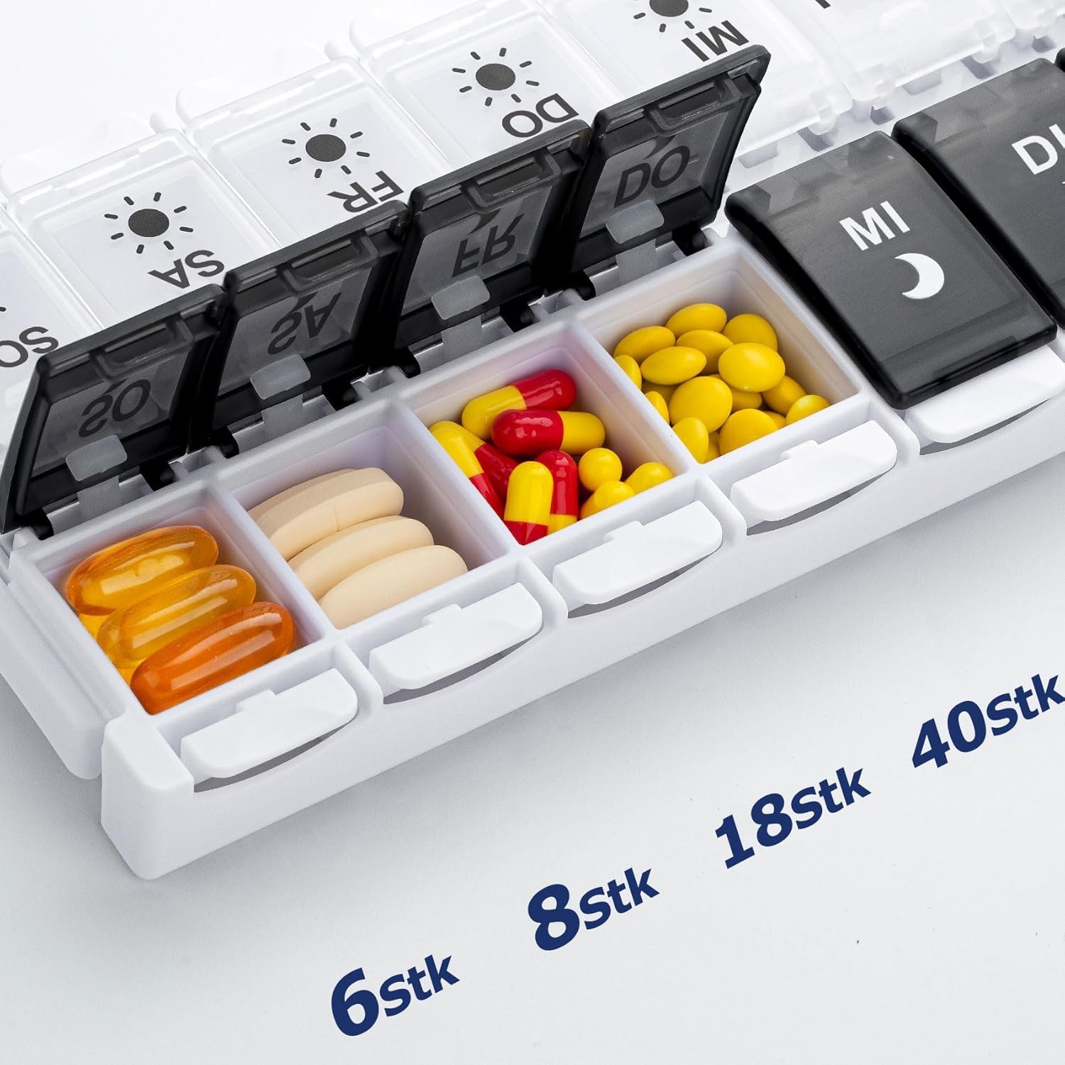 Detalle 2 de Tablettenbox 7 Tage mit 14 Fächern (2 pro Tag) für morgens/abends – Druckknopf-Design, BPA-frei