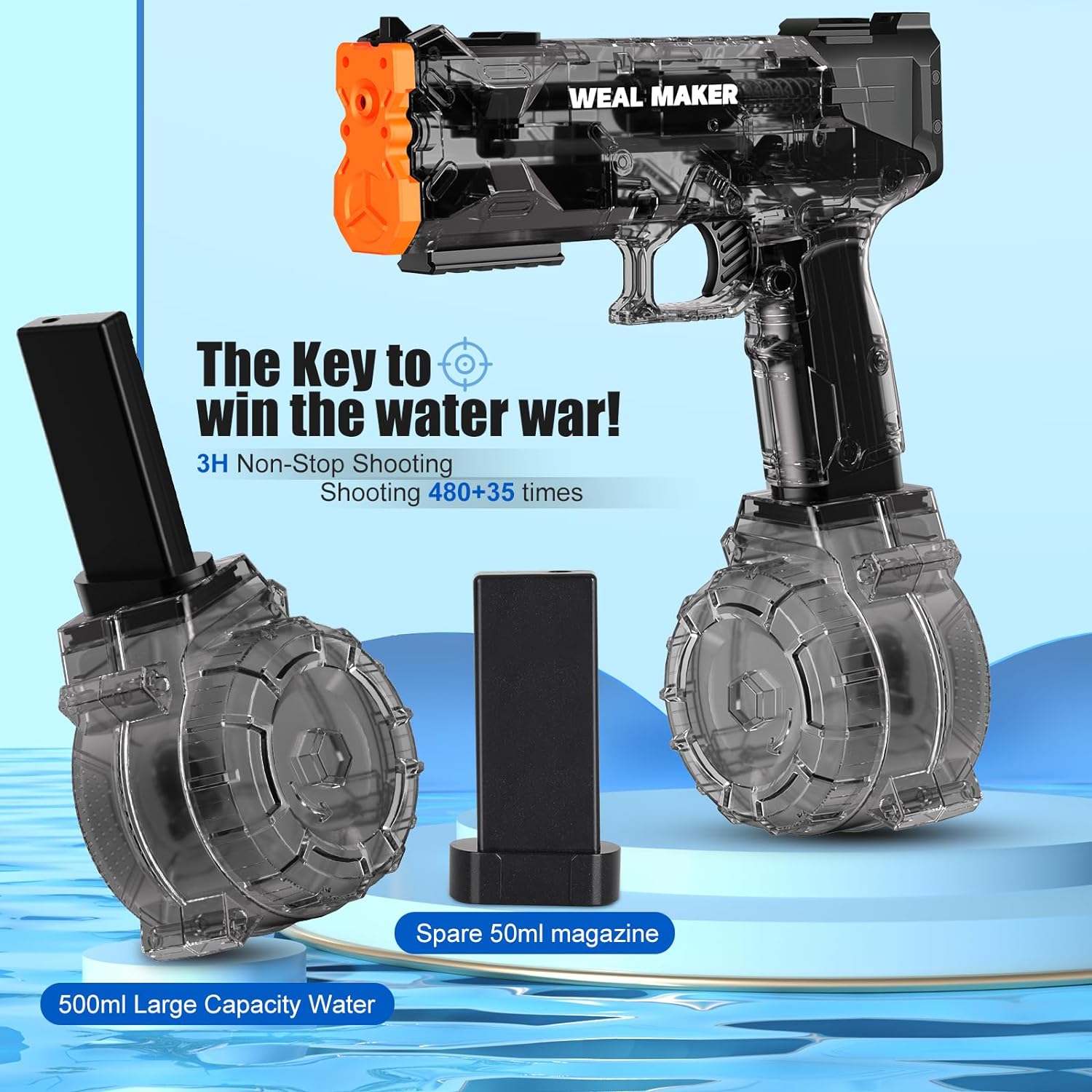 Thumbnail 2 de Electric Water Gun with USB Charging (Black+Red) – Transparent, IP67 Waterproof, 20ft Range