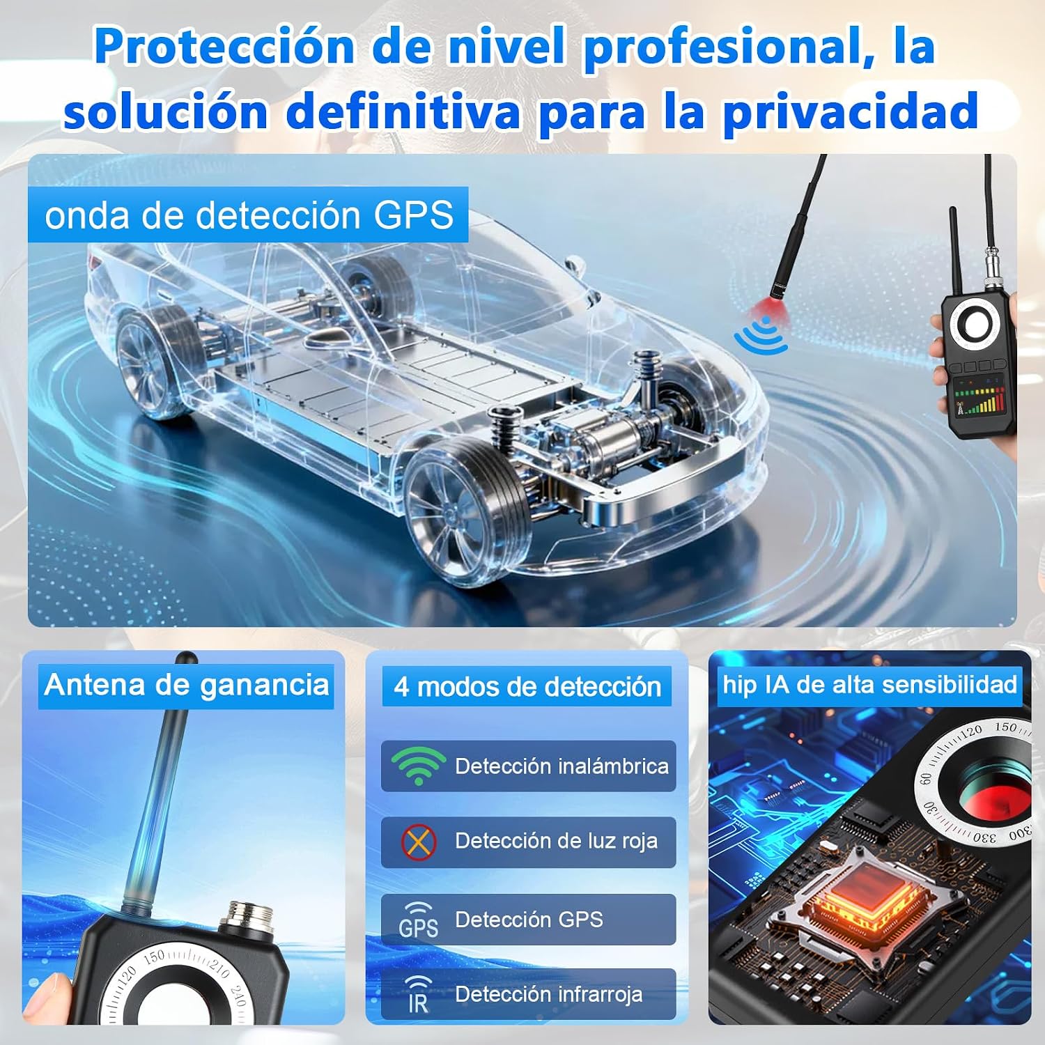 Detalle de Diseleri Detector de Cámaras y Micrófonos Ocultos 4 en 1 – RF, GPS, Escáner de Señal y Sensor Magnético