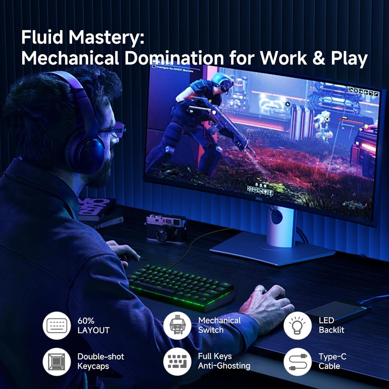 Thumbnail 1 de TMKB 60% Mechanical Gaming Keyboard (Red Linear Switch) with Detachable USB-C, LED Backlight, 61-Key Anti-Ghosting, Wired (Black)