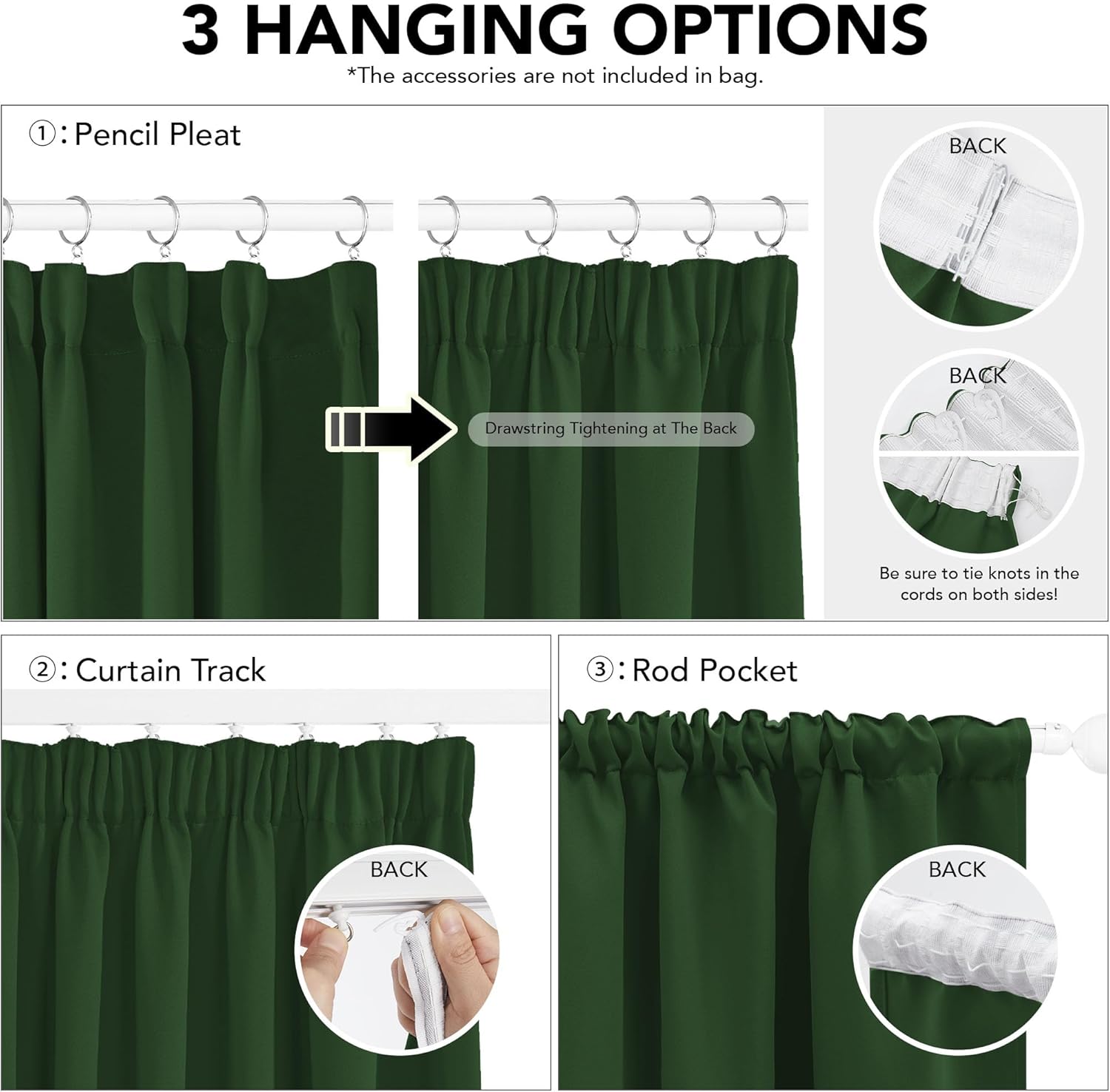 Thumbnail 2 de Deconovo Pencil Pleat Blackout Curtains (55W x 96L inch) – Thermal Insulated, Ready to Hang – Dark Green