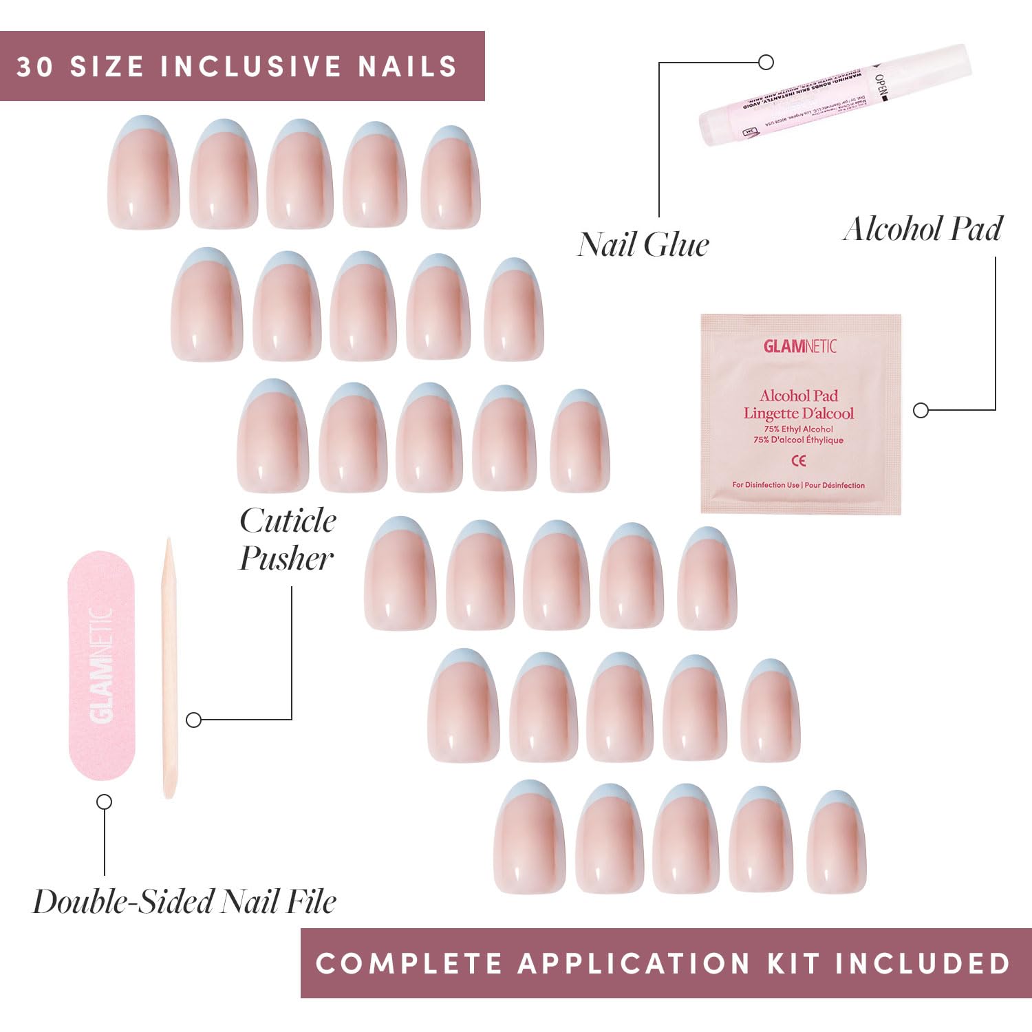 Thumbnail 3 de Glamnetic Press On Nails “Into Blue” – Glazed Short Oval Periwinkle French Tips (15 Sizes, 30 Nails Kit)