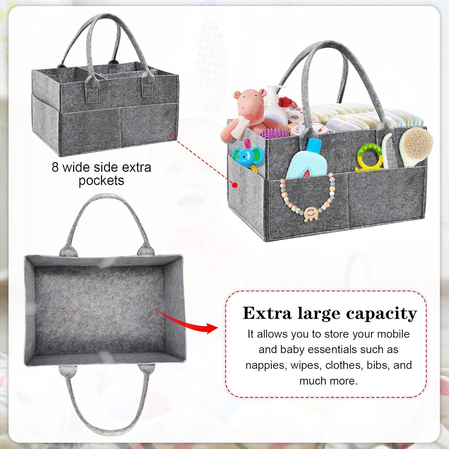 Thumbnail 3 de Yueshop Grey Felt Baby Diaper Caddy Nursery Storage & Wipes Bag (Dark Grey) – Felt nappy organiser