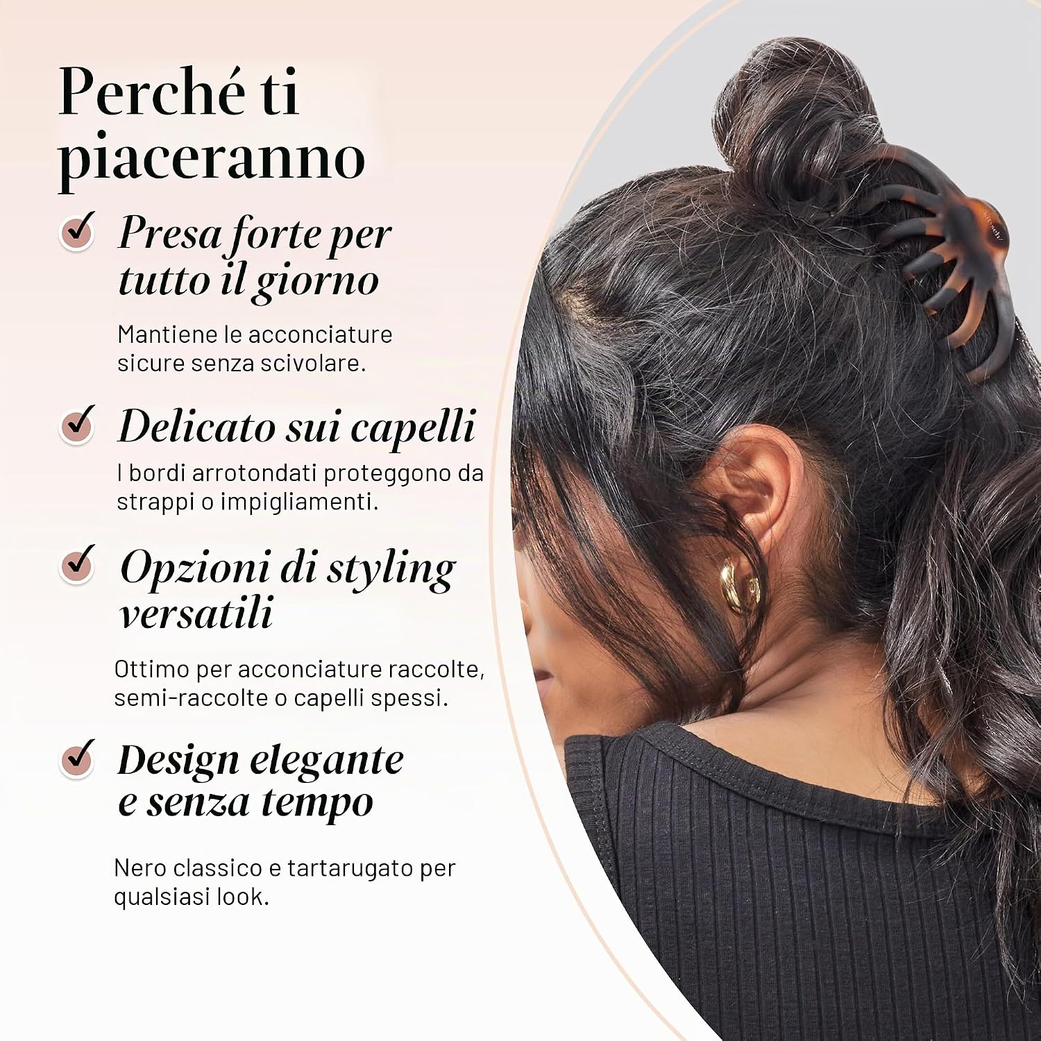 Detalle de Kitsch Fermagli a polipo per capelli – Set nero e tartaruga, grande tenuta per capelli spessi