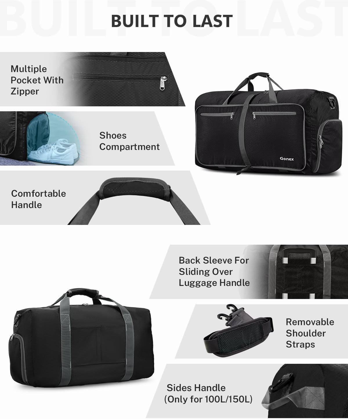 Detalle de Gonex 100L Large Foldable Travel Duffle Bag with Shoes Compartment – Lightweight, Water-Repellent Weekender