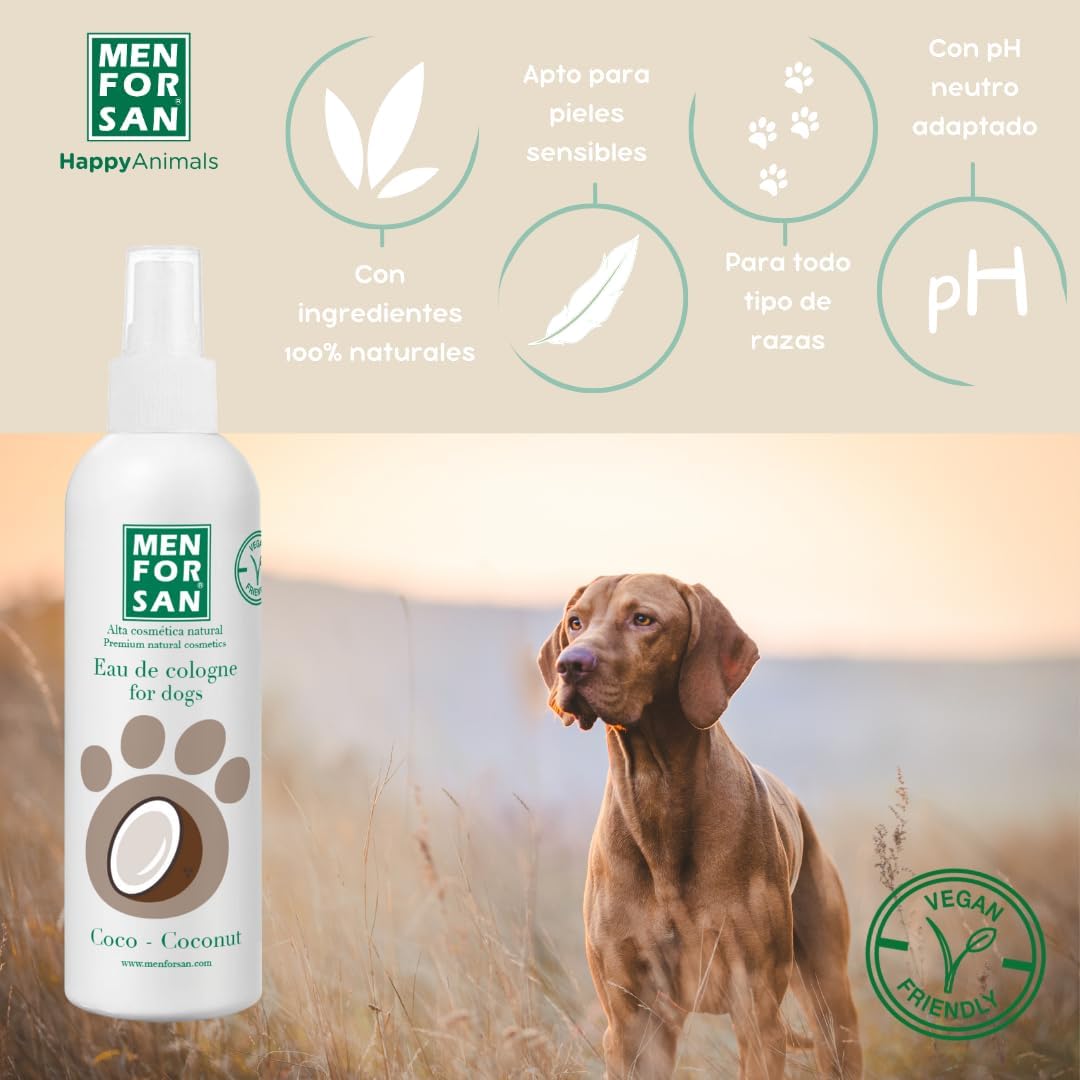 Detalle de Menforsan Coconut Cologne Acqua per Cani – Confezione da 3 × 125 ml (profumo cocco, senza alcol)