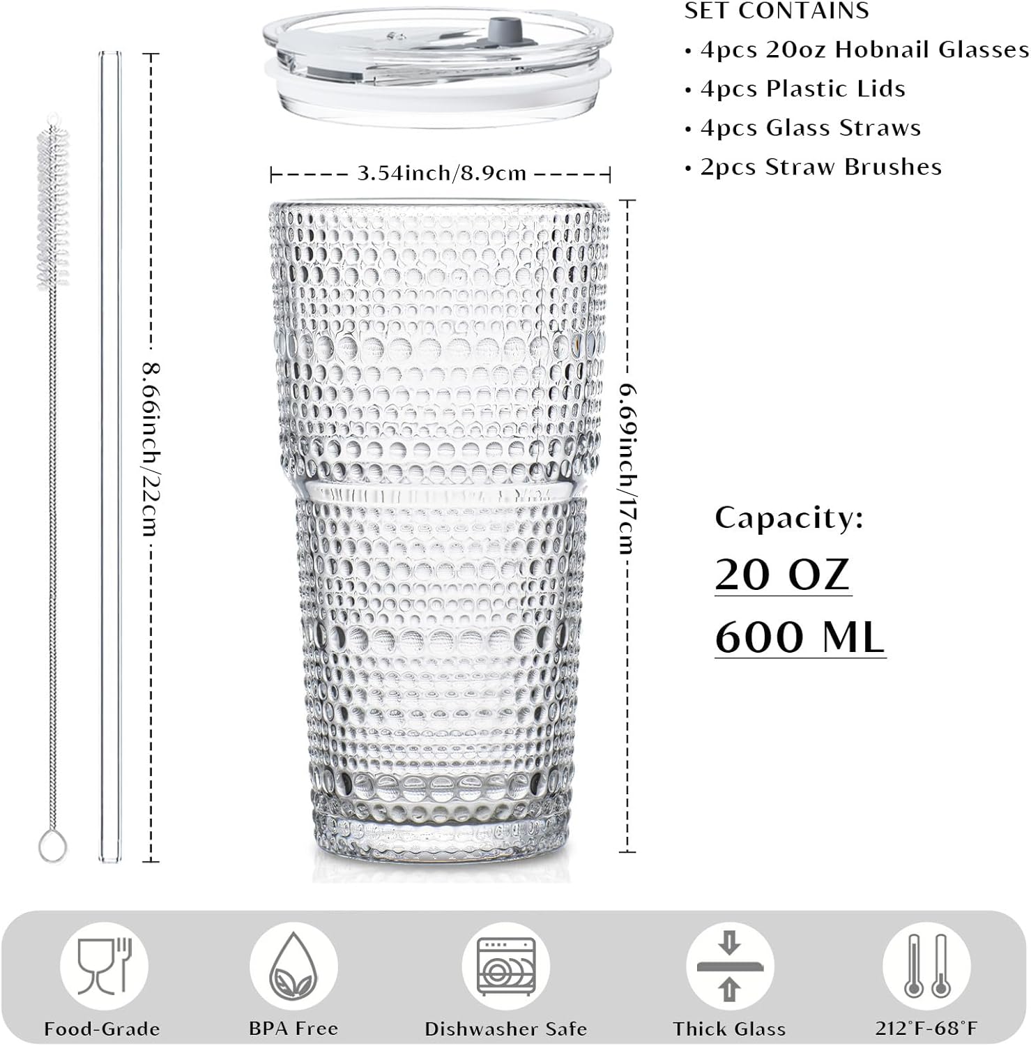 Thumbnail 2 de INSETLAN 20oz Hobnail Glass Cups with Lids and Glass Straws — 4 Pieces