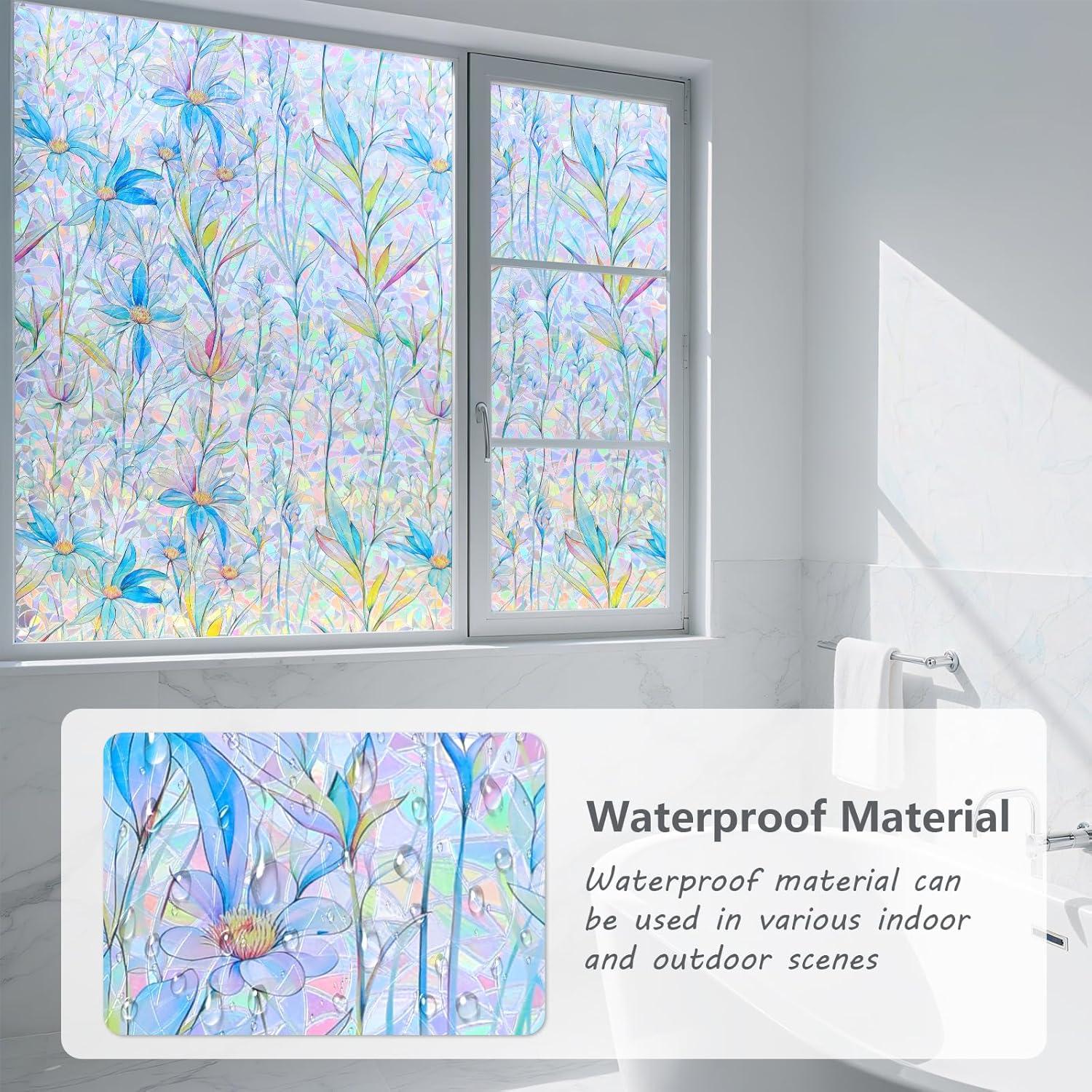 Thumbnail 3 de FINNEZ Fensterfolie – Selbstklebende statische Klebefolie, Regenbogen-Blumenmuster, Blau, 90 × 400 cm