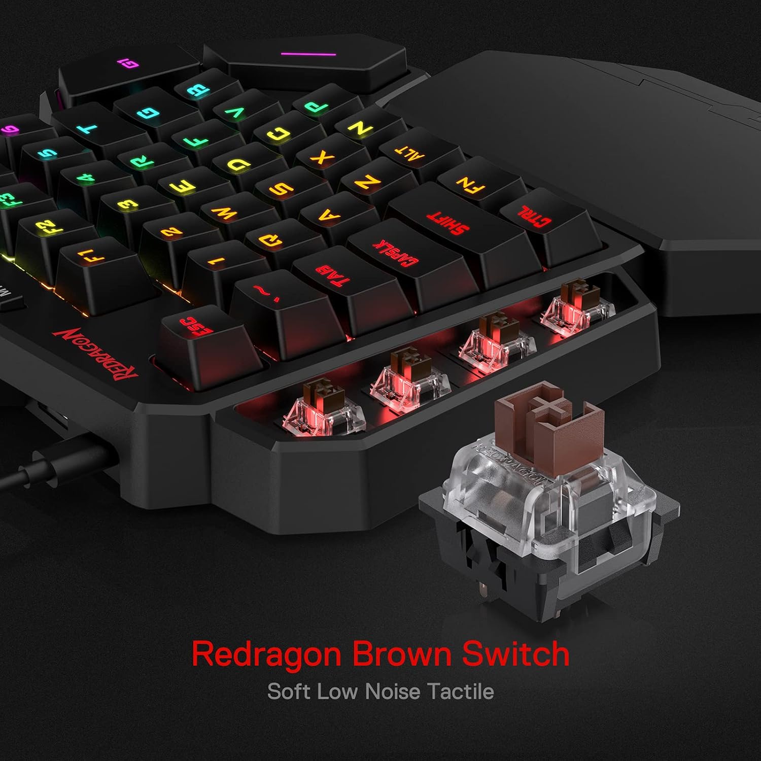 Thumbnail 1 de Redragon K585 DITI Einhand RGB Mechanische Gaming-Tastatur (Braune Schalter, abnehmbare Handballenauflage, 42 Tasten)