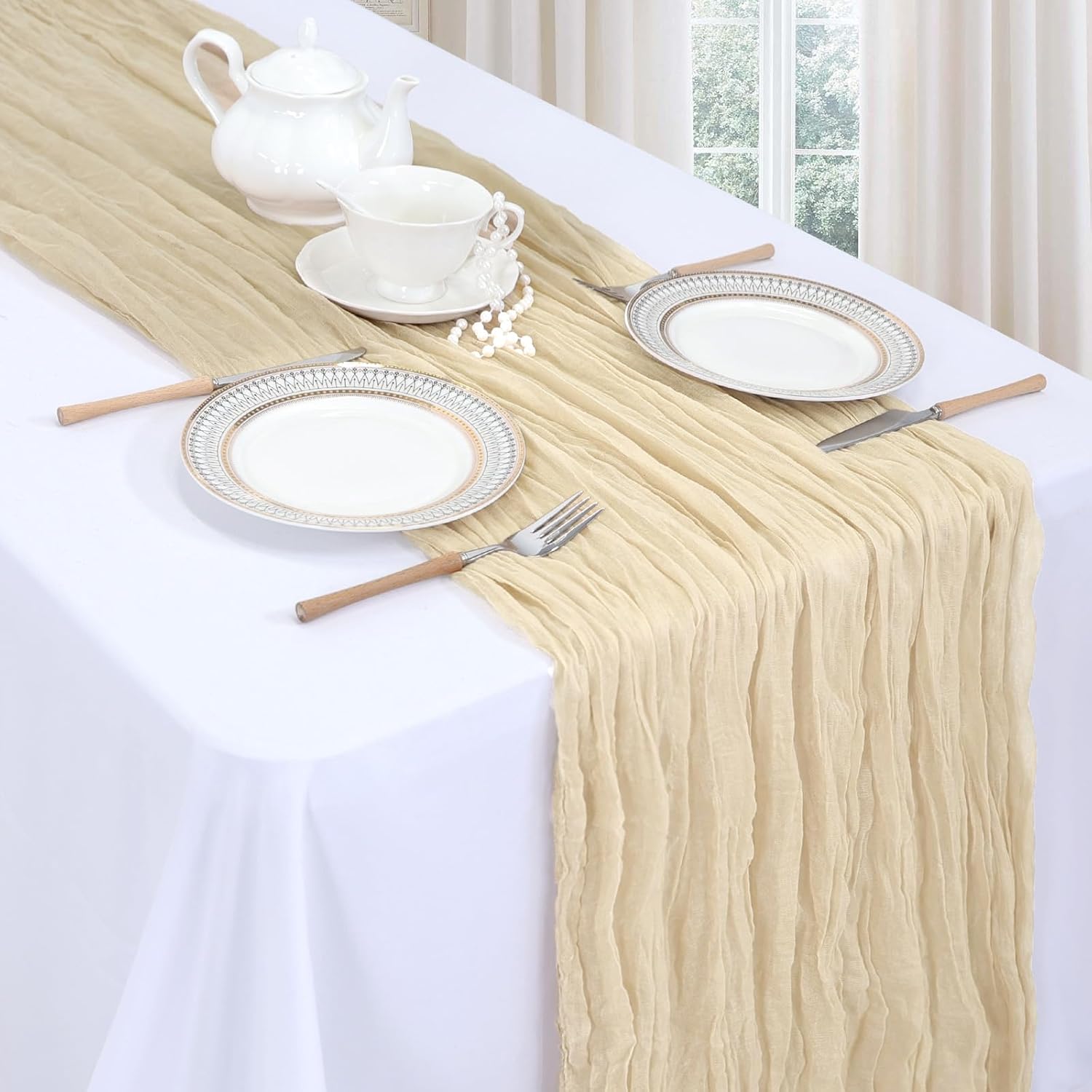 Thumbnail 2 de pepmily 6 Pack Beige Cheesecloth Table Runner (35 x 120 in) Boho Gauze Fabric